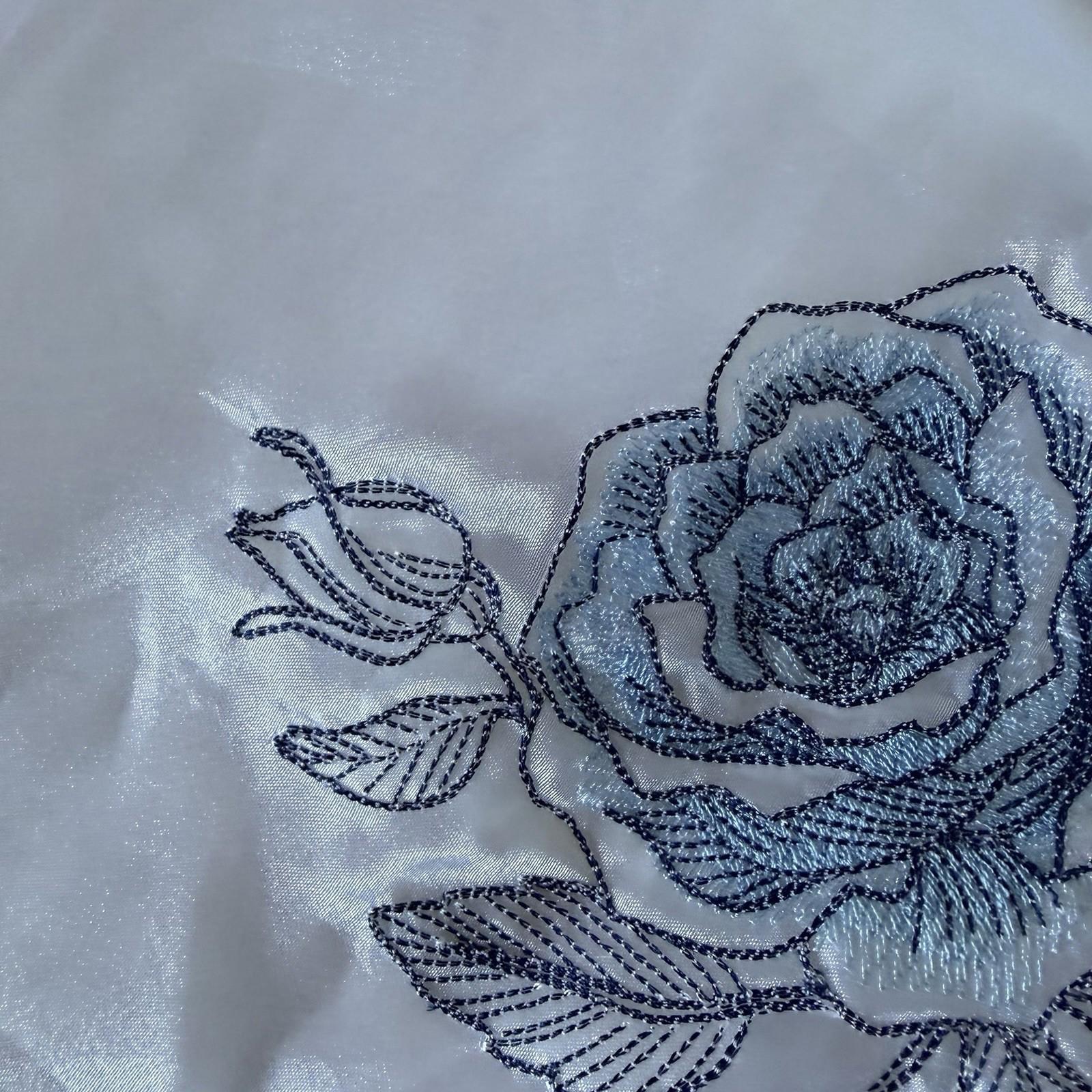 Vintage Blue Rose Embroidered Sheer Patch Navy Floral Cottage Decor