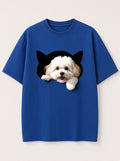 Cute Dog Peeking Out Cat Hole T-Shirt – Black, White & Royal Blue