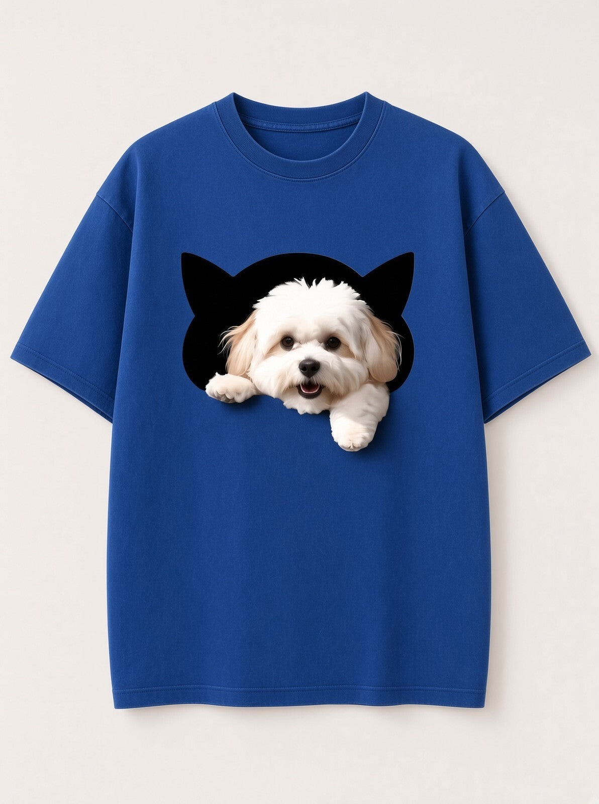 Cute Dog Peeking Out Cat Hole T-Shirt – Black, White & Royal Blue