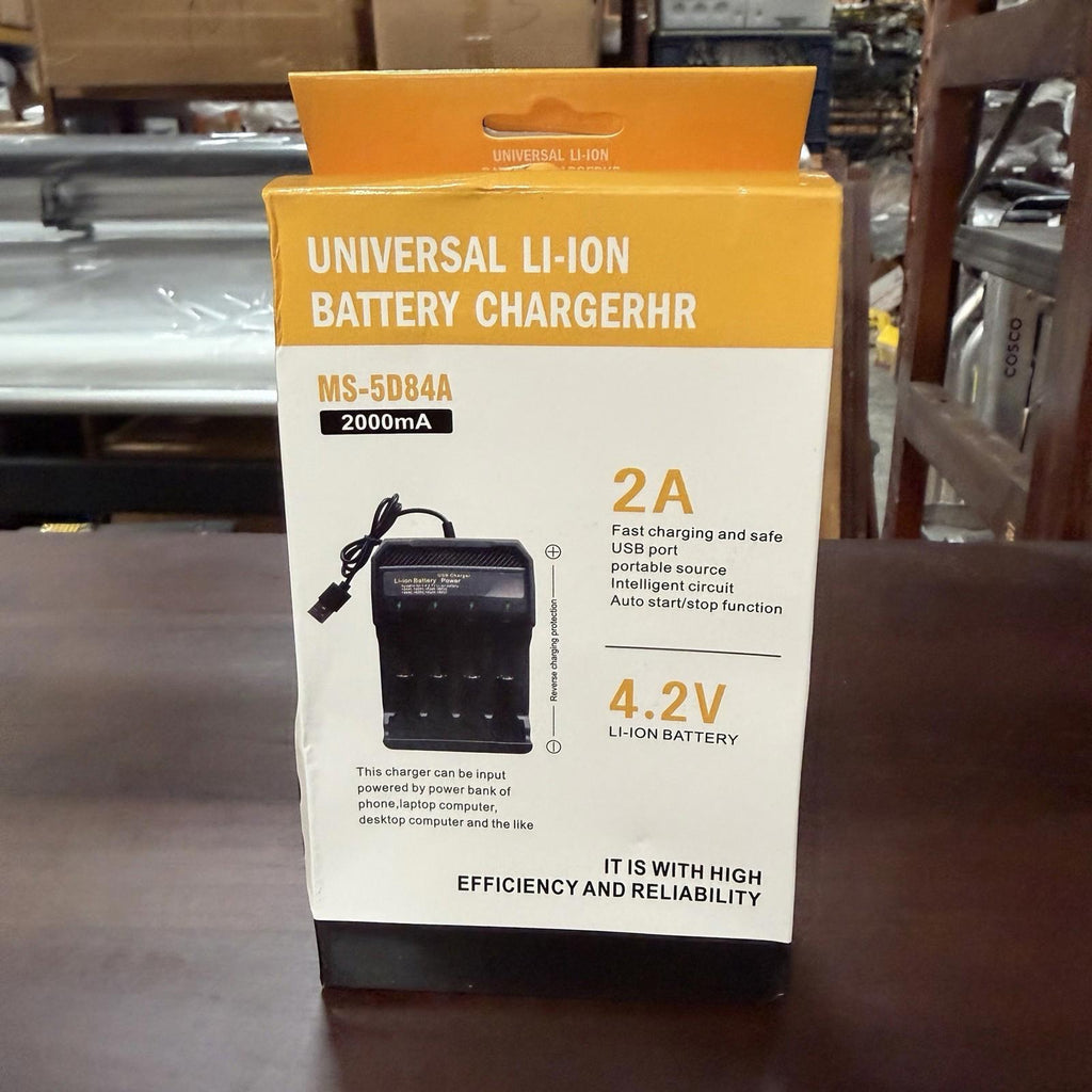 USB-powered, 2000mA fast charge, 4.2V, for 18650/16340/14500 etc. Safe, smart