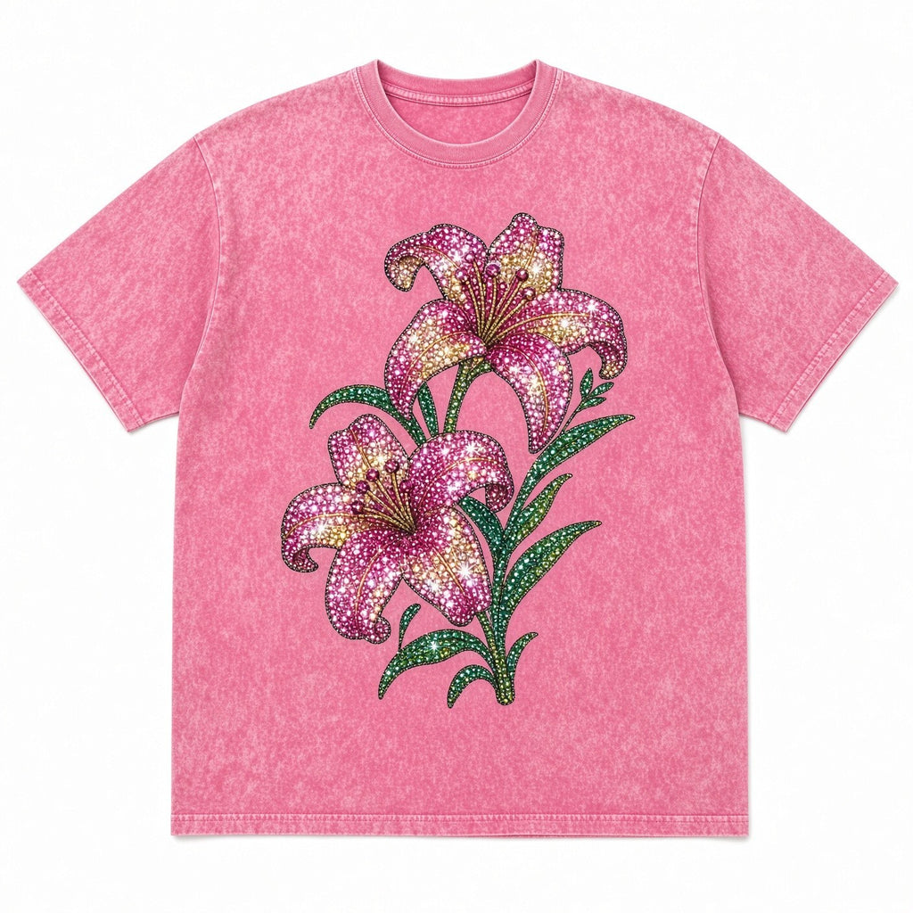 Colorful Lily Bouquet Rhinestone DTF Transfer Floral Iron-On Pink Shirt