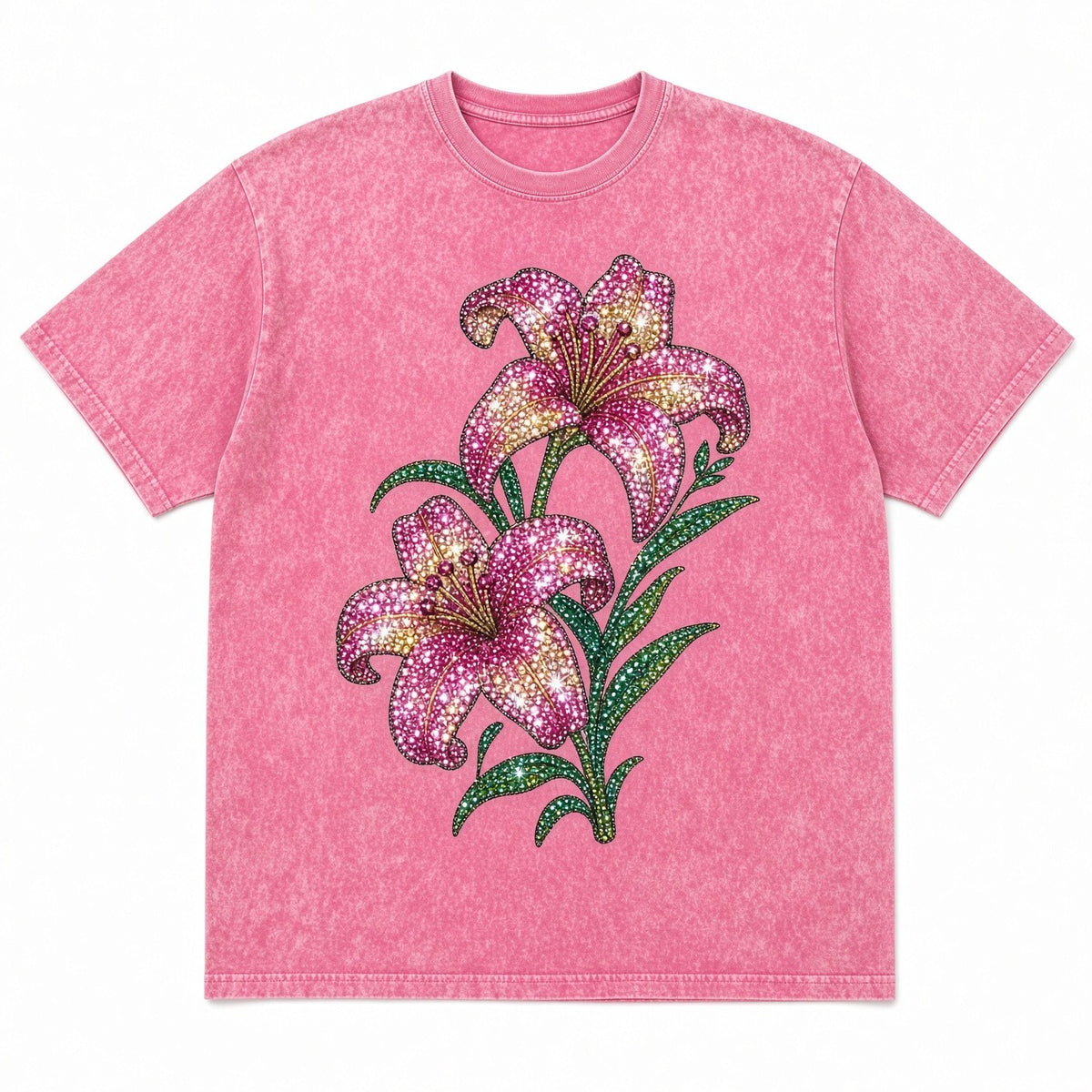 Colorful Lily Bouquet Rhinestone DTF Transfer Floral Iron-On Pink Shirt