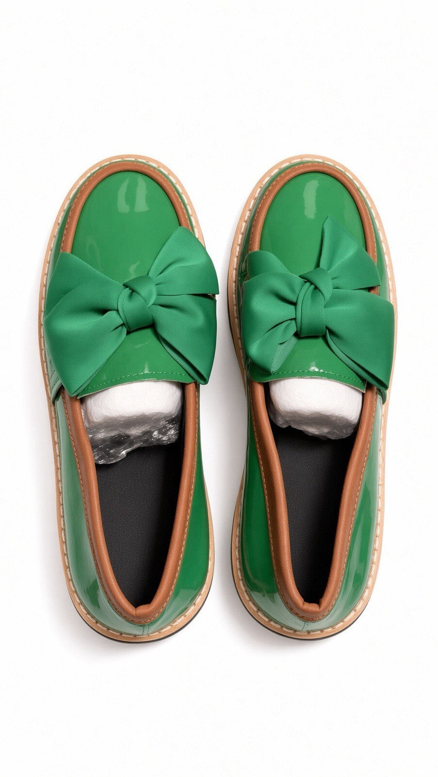 Women Green Patent Loafers Bow Accent Chunky Lug Sole Slip On Dress Shoes 40