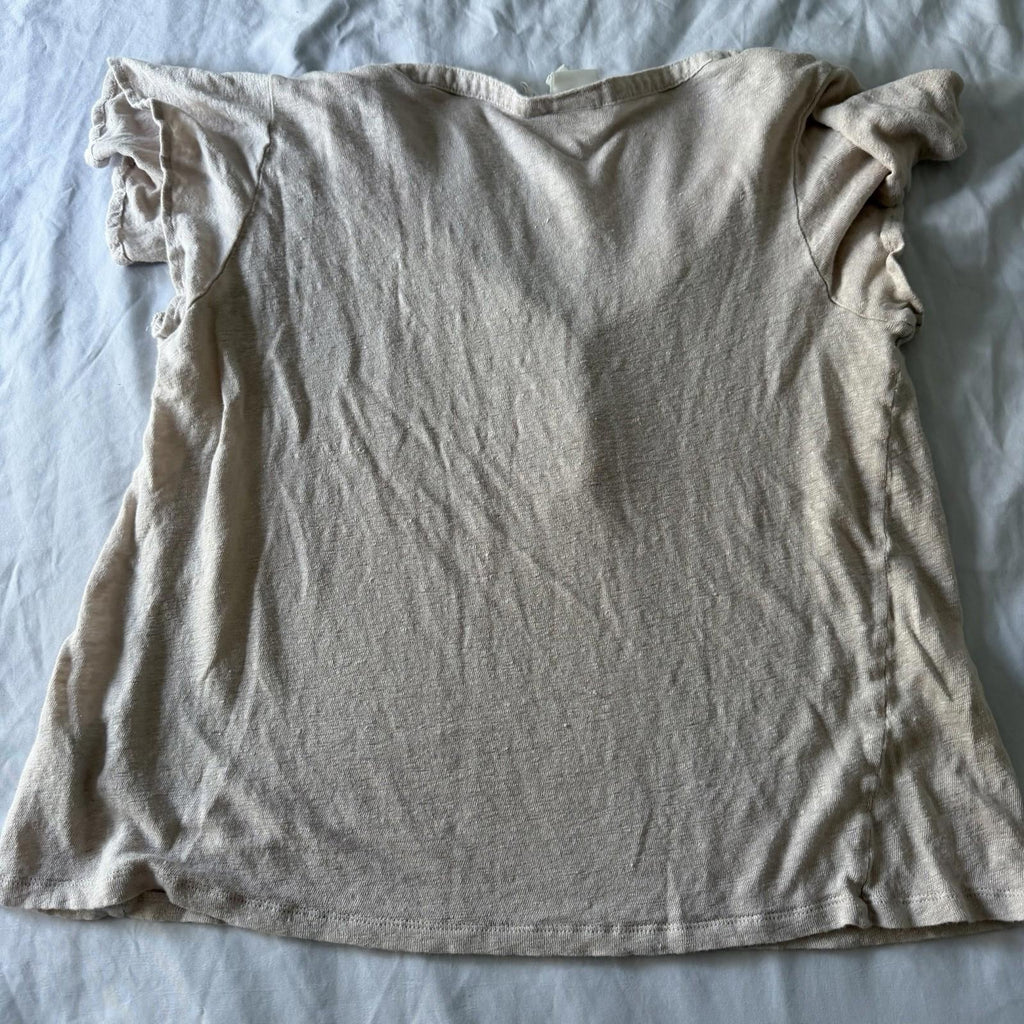 H&M 100% Linen Beige Flutter Sleeve Henley Top Size S V-Neck