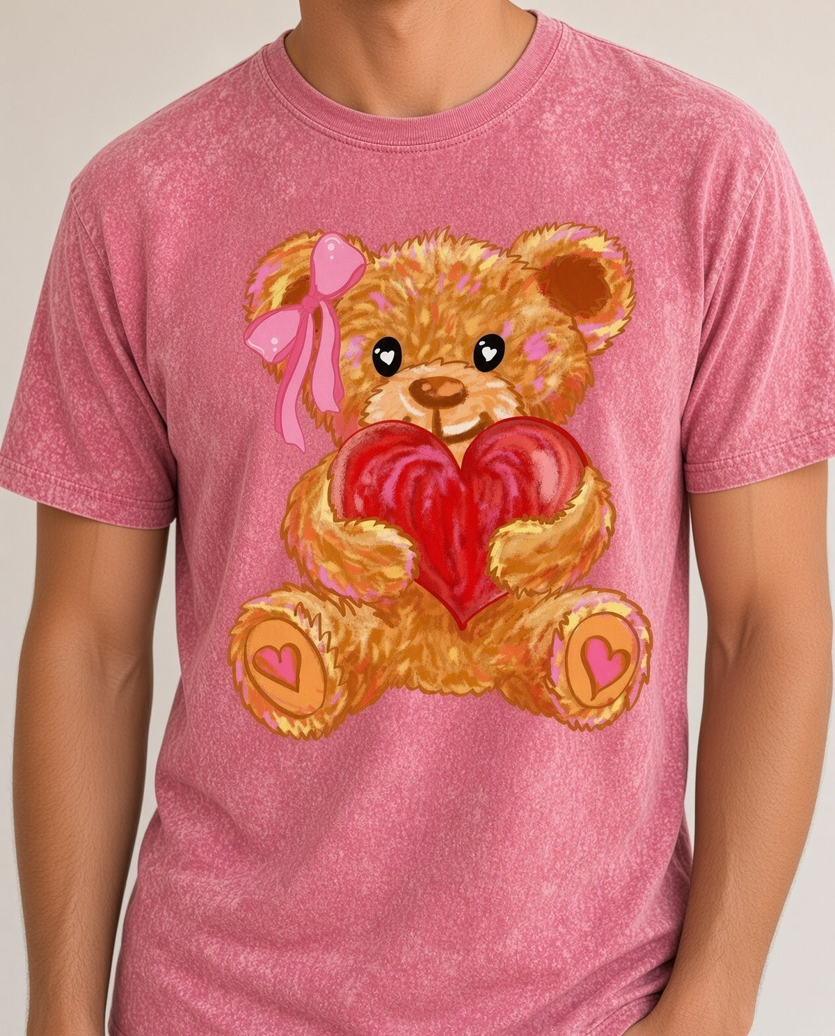Acid Wash Pink T-Shirt Teddy Bear Heart Bow Graphic Tee Cute Valentine Gift