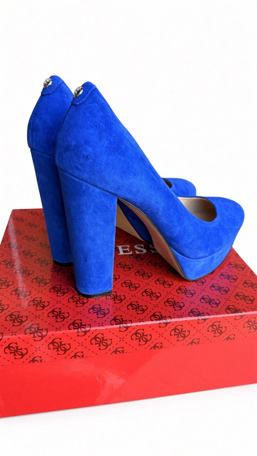 GUESS Padey Women 8.5M Blue Suede Platform Pumps Block High Heels w/ Box