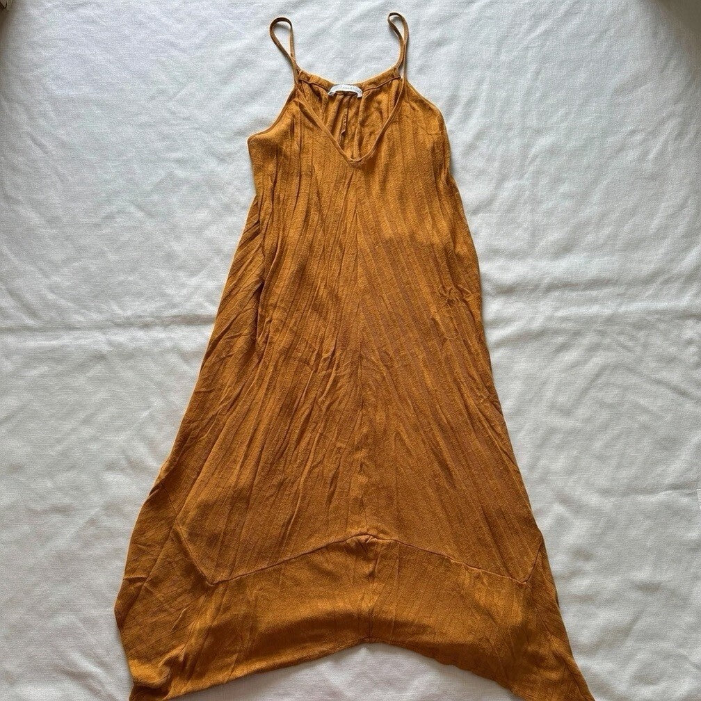 Zara Woman Mustard Yellow Ribbed Midi Dress Handkerchief Hem Boho V Neck Size S