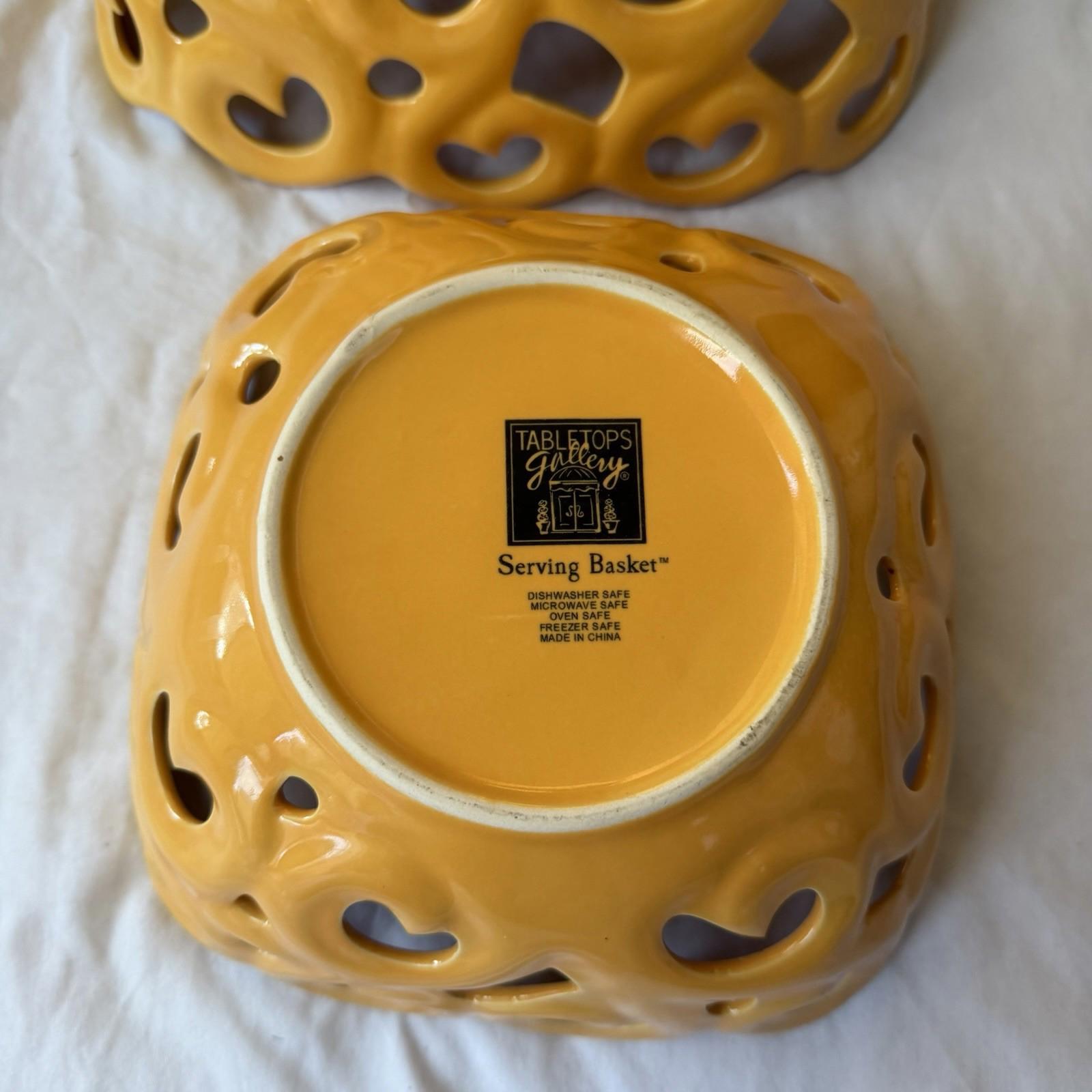 Tabletops Gallery Yellow Reticulated Serving Basket Bowl Set Pierced Stoneware