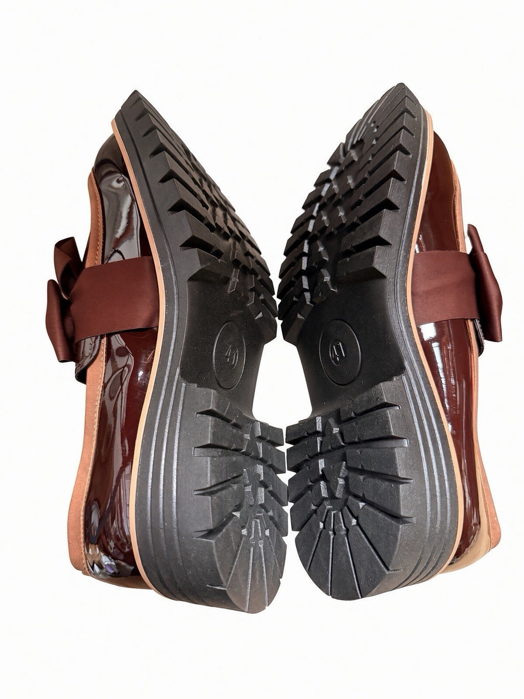 Brown Patent Bow Loafers Women Chunky Platform Lug Sole Shoes EU 41