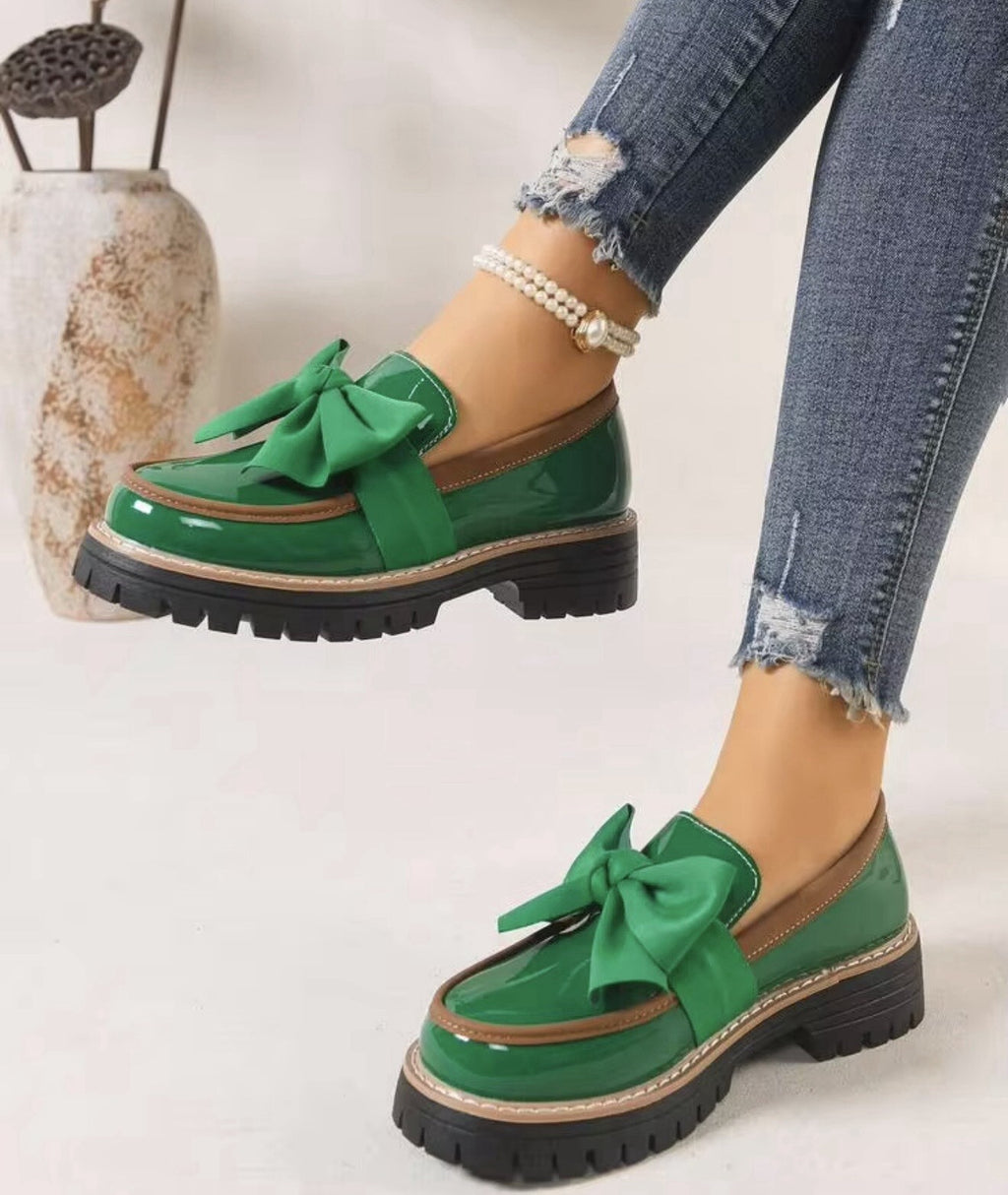 Women Green Patent Loafers Bow Accent Chunky Lug Sole Slip On Dress Shoes 39