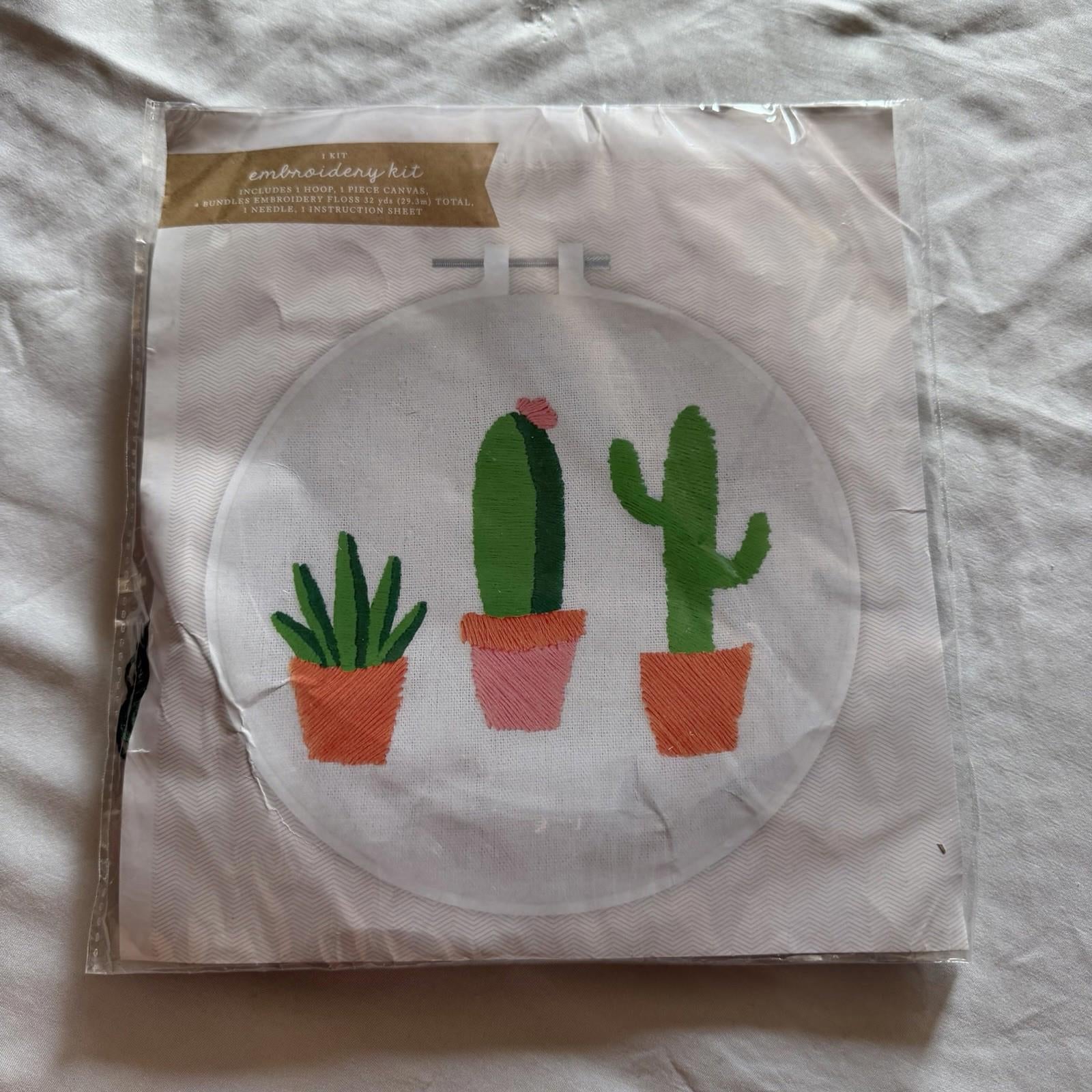 Made for Retail Cactus Embroidery Kit with Hoop Printed Canvas 5 Floss