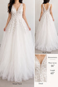 White Ivory Lace Wedding Dress Deep V Neck A-Line Bridal Gown 16” Waist 65” Long