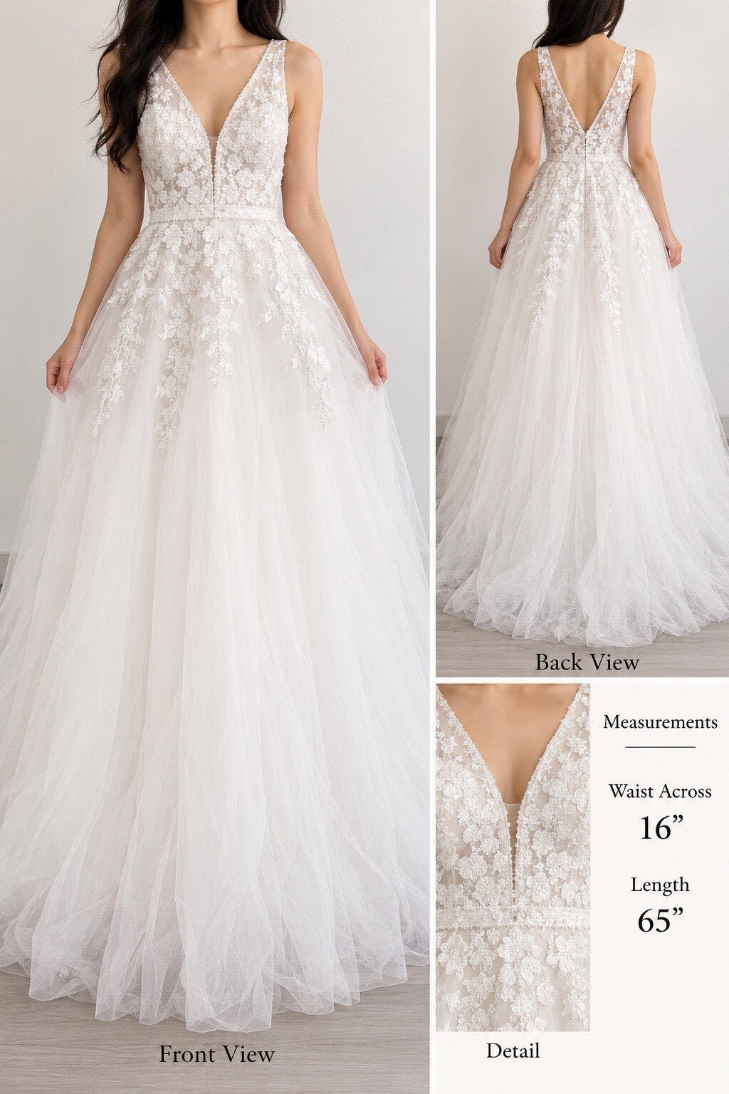 White Ivory Lace Wedding Dress Deep V Neck A-Line Bridal Gown 16” Waist 65” Long