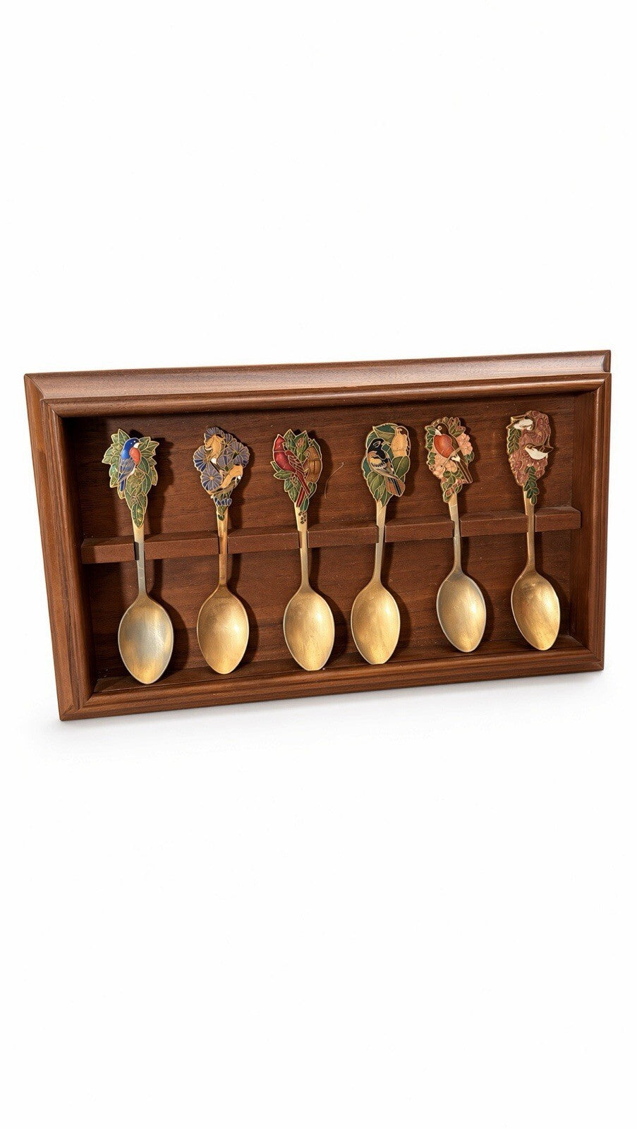 Vintage Hallmark Songbirds Enamel Spoon Set 6 Walnut Display Rack 1981 Japan