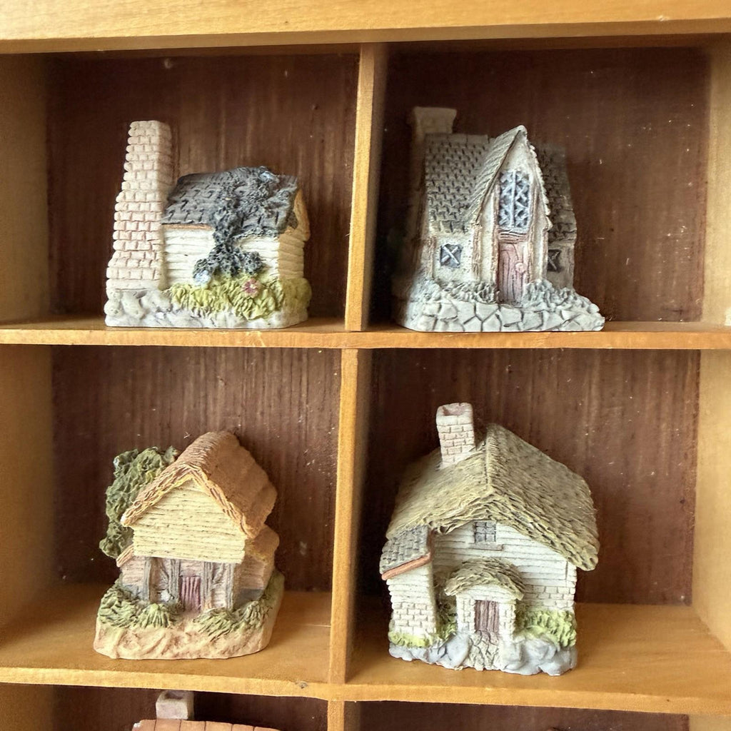 Vintage Miniature Cottage Houses Set w/ Wood Display Shelf 20 Pc