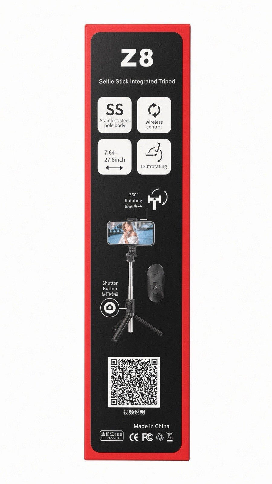 Z8 Selfie Stick Tripod Bluetooth Remote Stainless Steel 27.6 Inch
