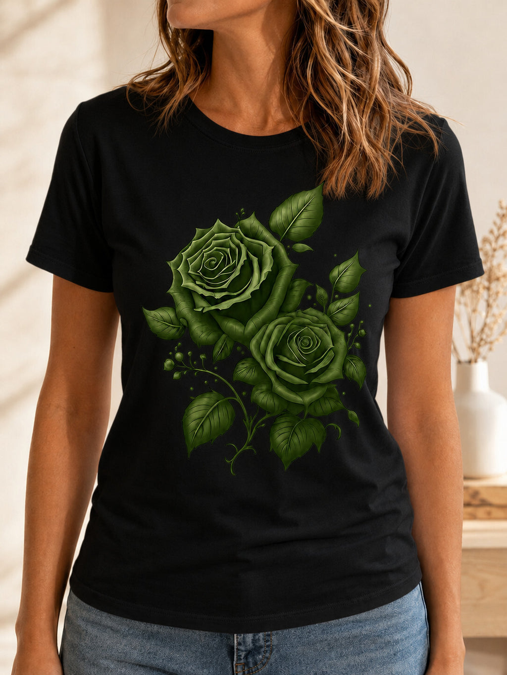 Green Rose Graphic T-Shirt, Gothic Botanical Floral Unisex Tee