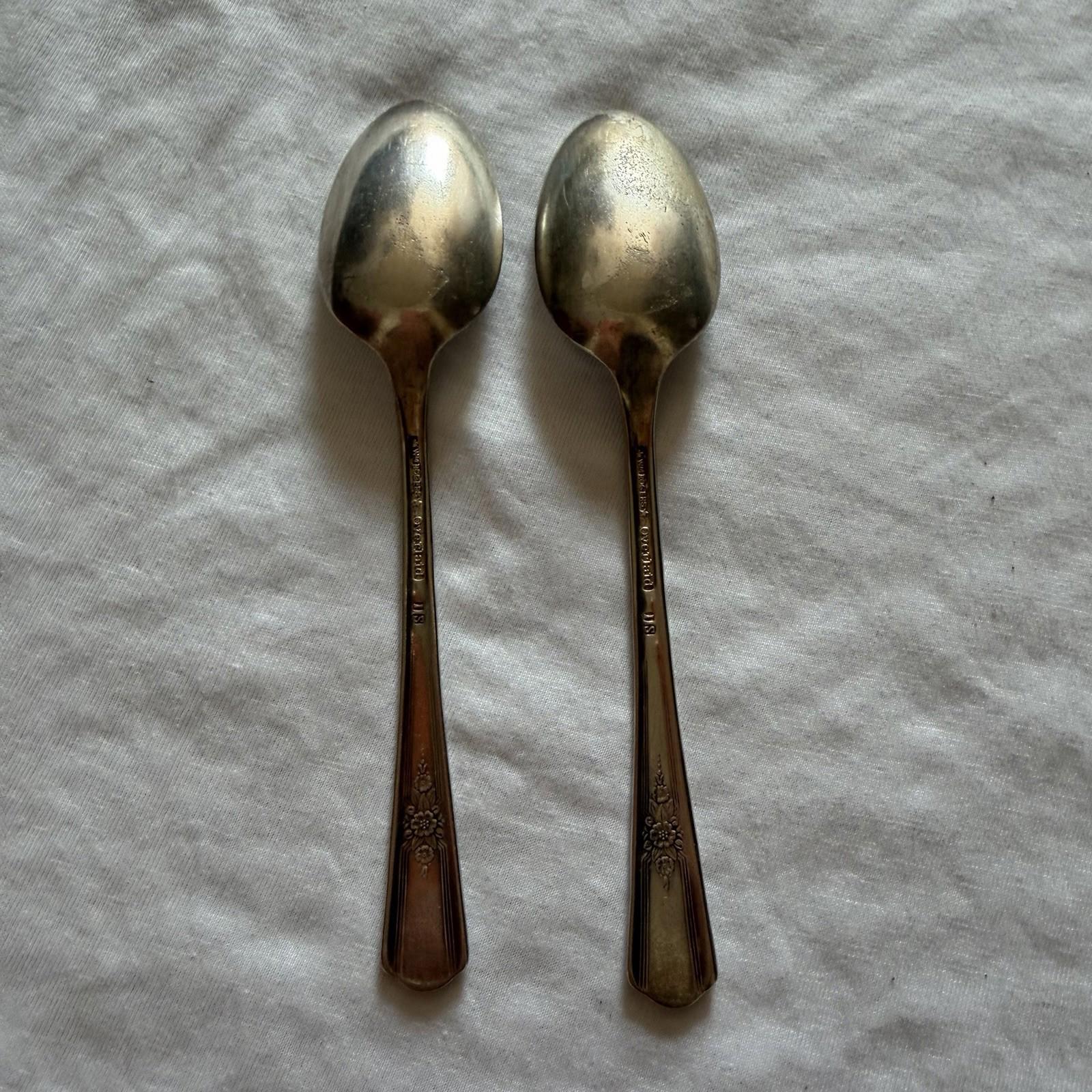 Vintage Wm Rogers Overlaid IS Silverplate Teaspoons Pair Floral Handle 1940s