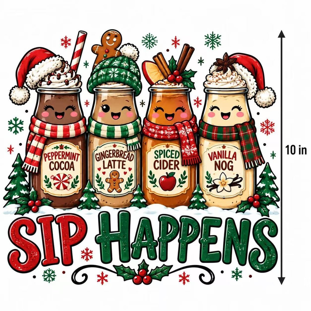 4Pcs Christmas Drink DTF Transfers 10" Sip Happens Holiday Heat Press