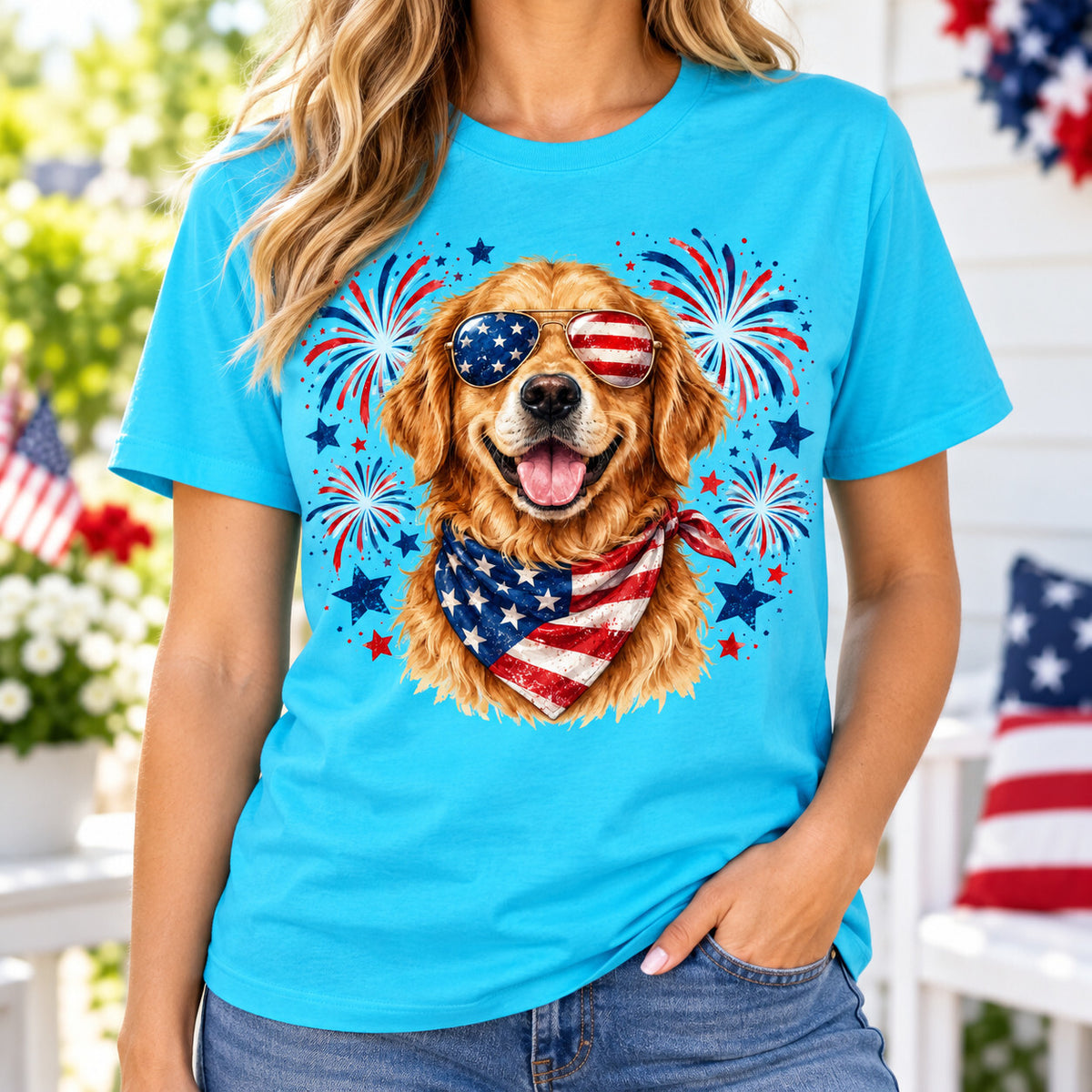 4pcs 10" Patriotic Golden Retriever DTF PNG Flag Dog Iron On Transfer