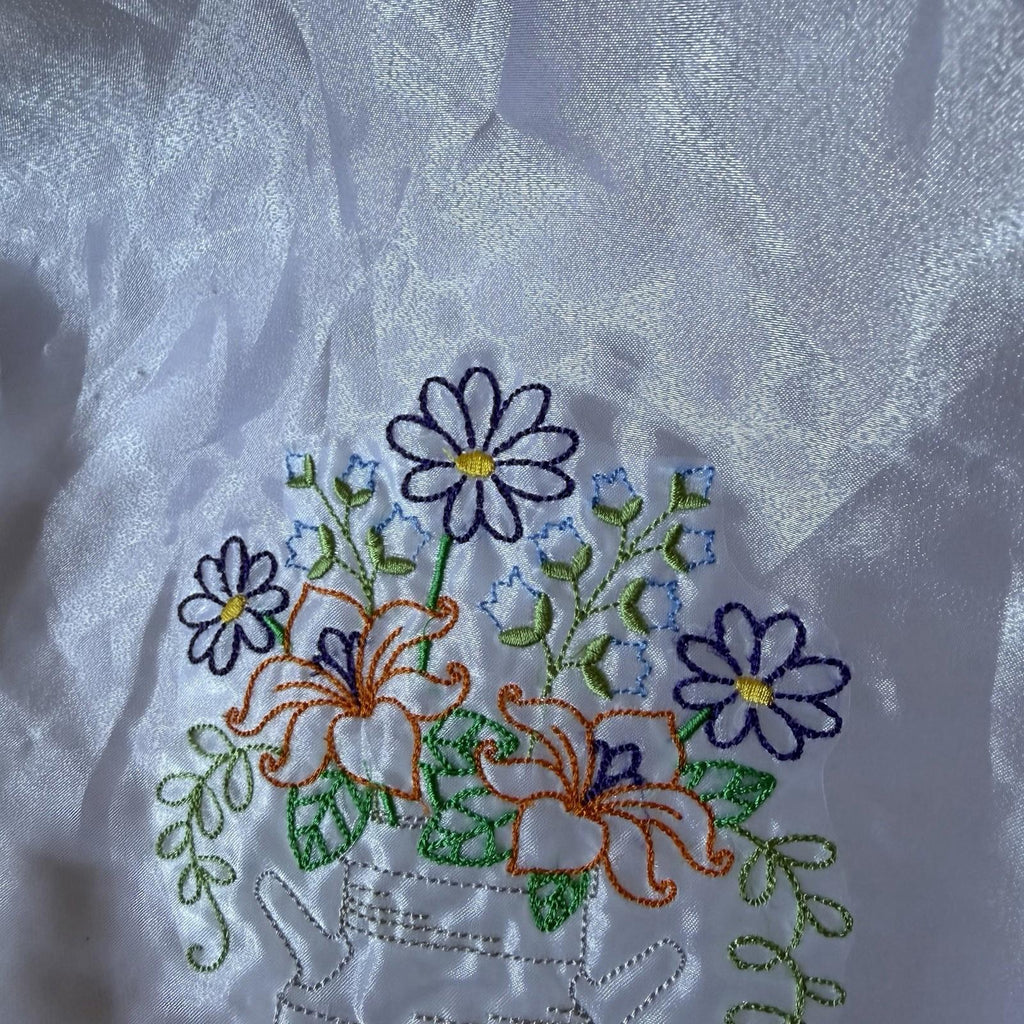 Vintage Embroidered Sheer Panel Patch - Floral Milk Can Bouquet Daisies Lilies