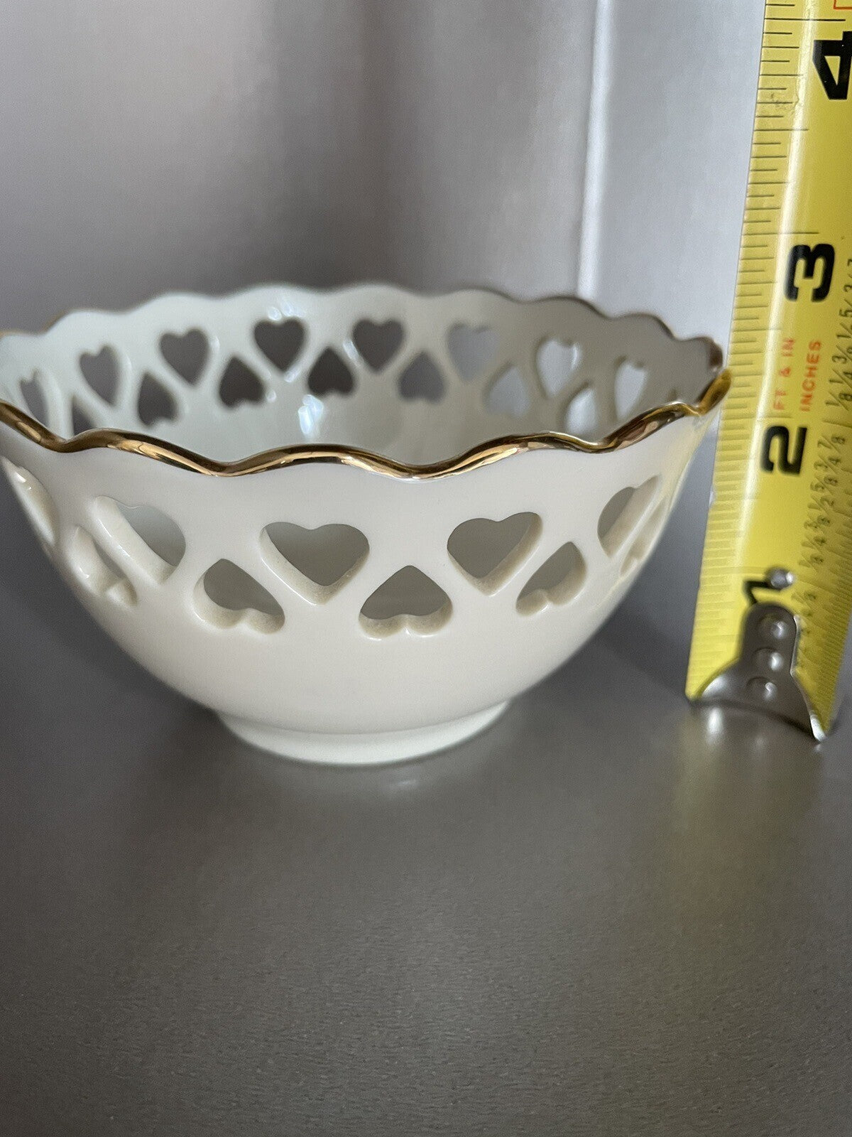 Lenox Lace Hearts & Rose Embossed Candy Dish with Gold Rims
