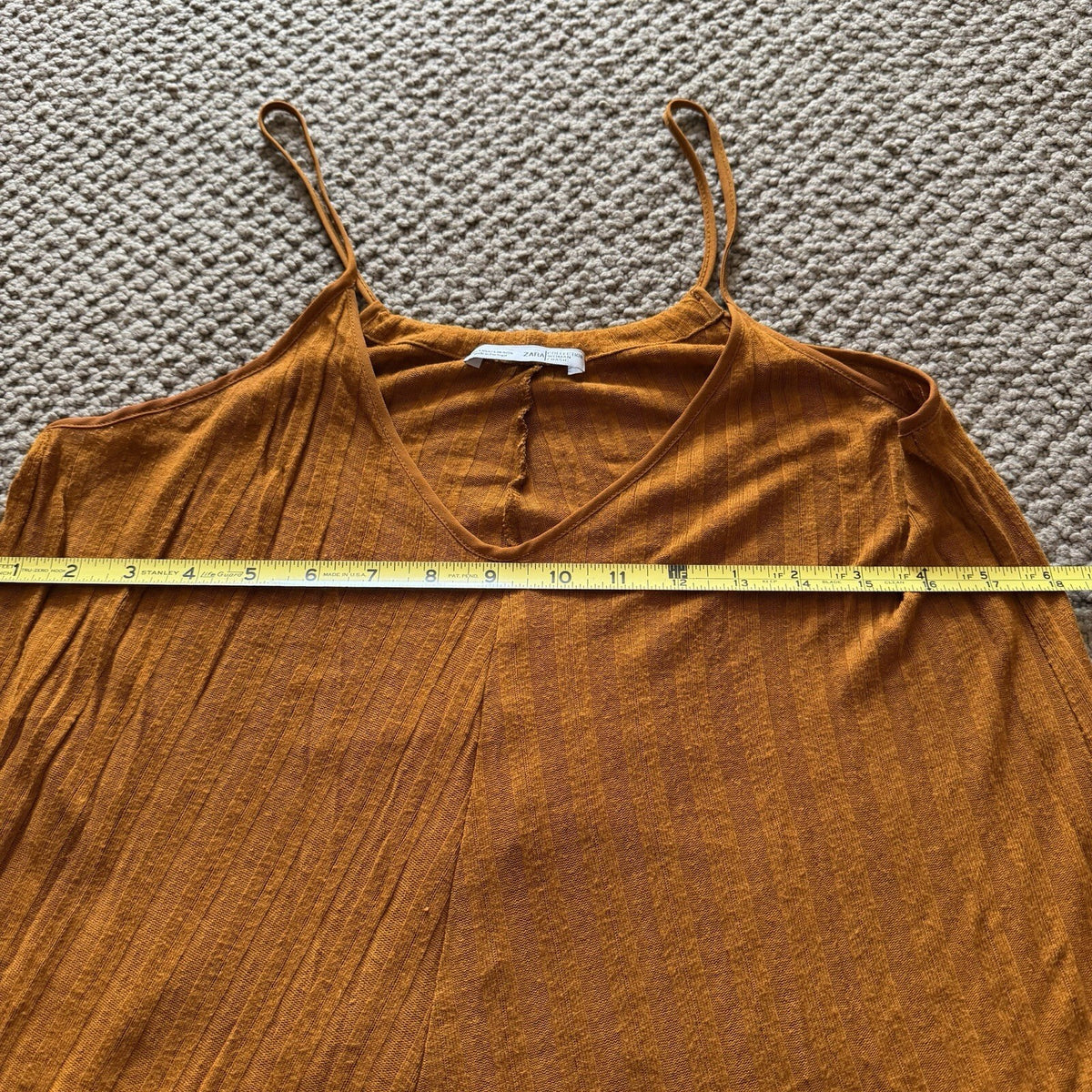 Zara Woman Mustard Yellow Ribbed Midi Dress Handkerchief Hem Boho V Neck Size S