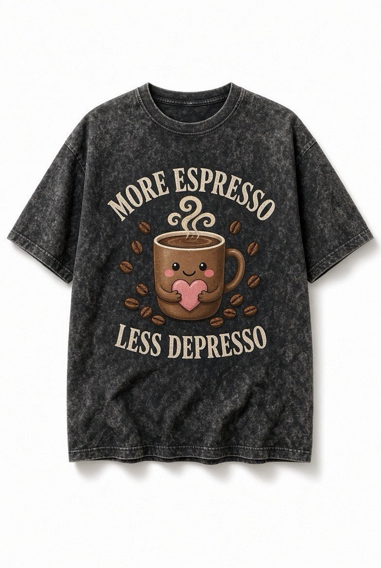Acid Wash Black Plus Size Tee More Espresso Less Depresso Cute Coffee Cup Shirt