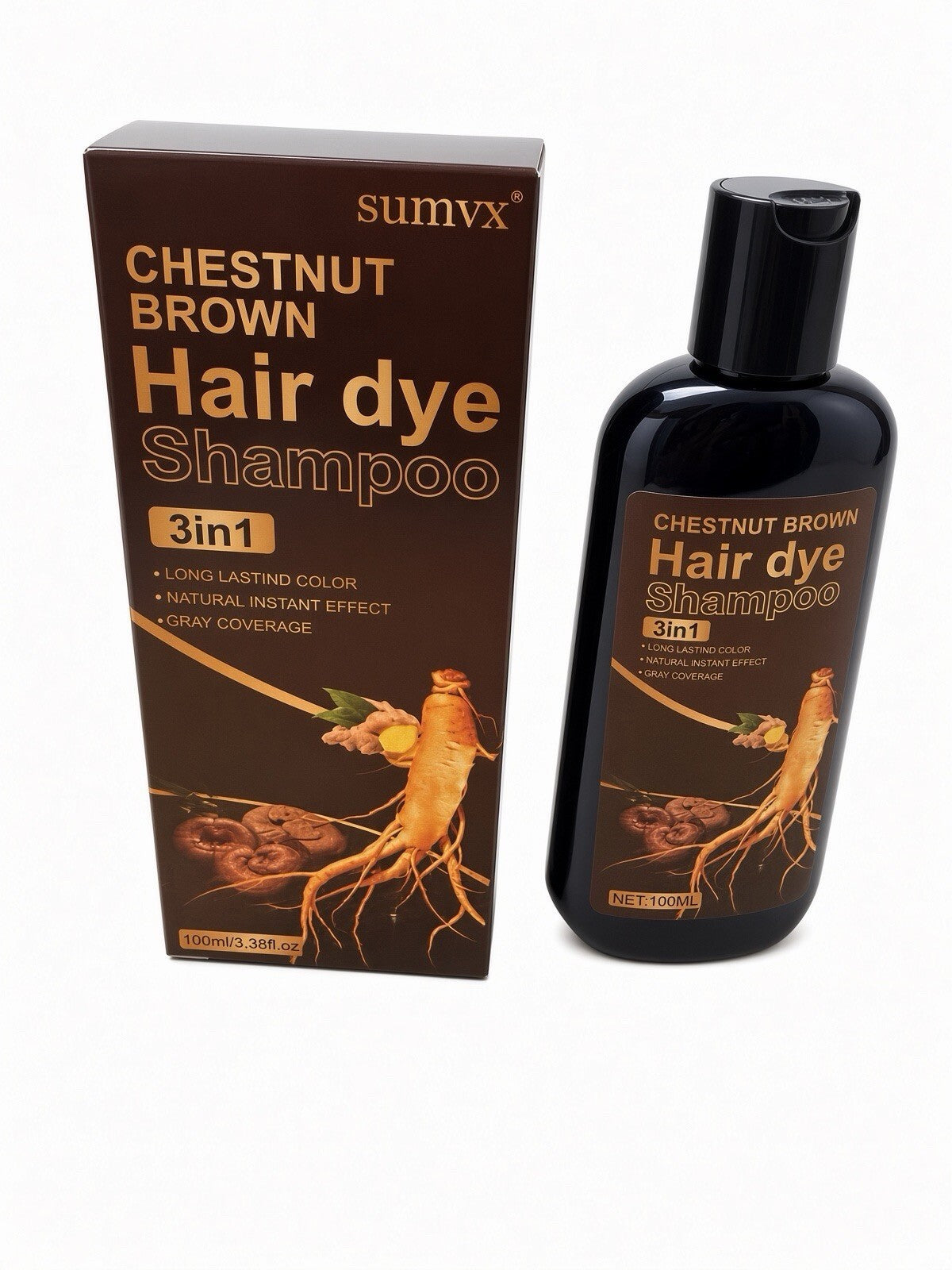 SUMVX Chestnut Brown Hair Dye Shampoo 3 in 1 Gray Coverage Herbal 100ml