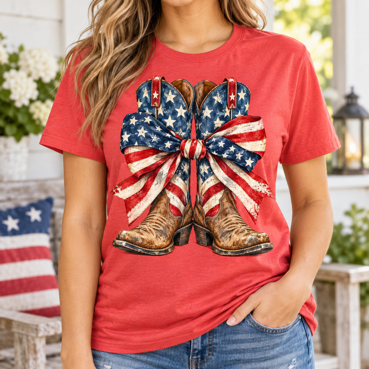 4pcs 10" Patriotic Cowboy Boots DTF PNG Flag Bow Iron On Transfer