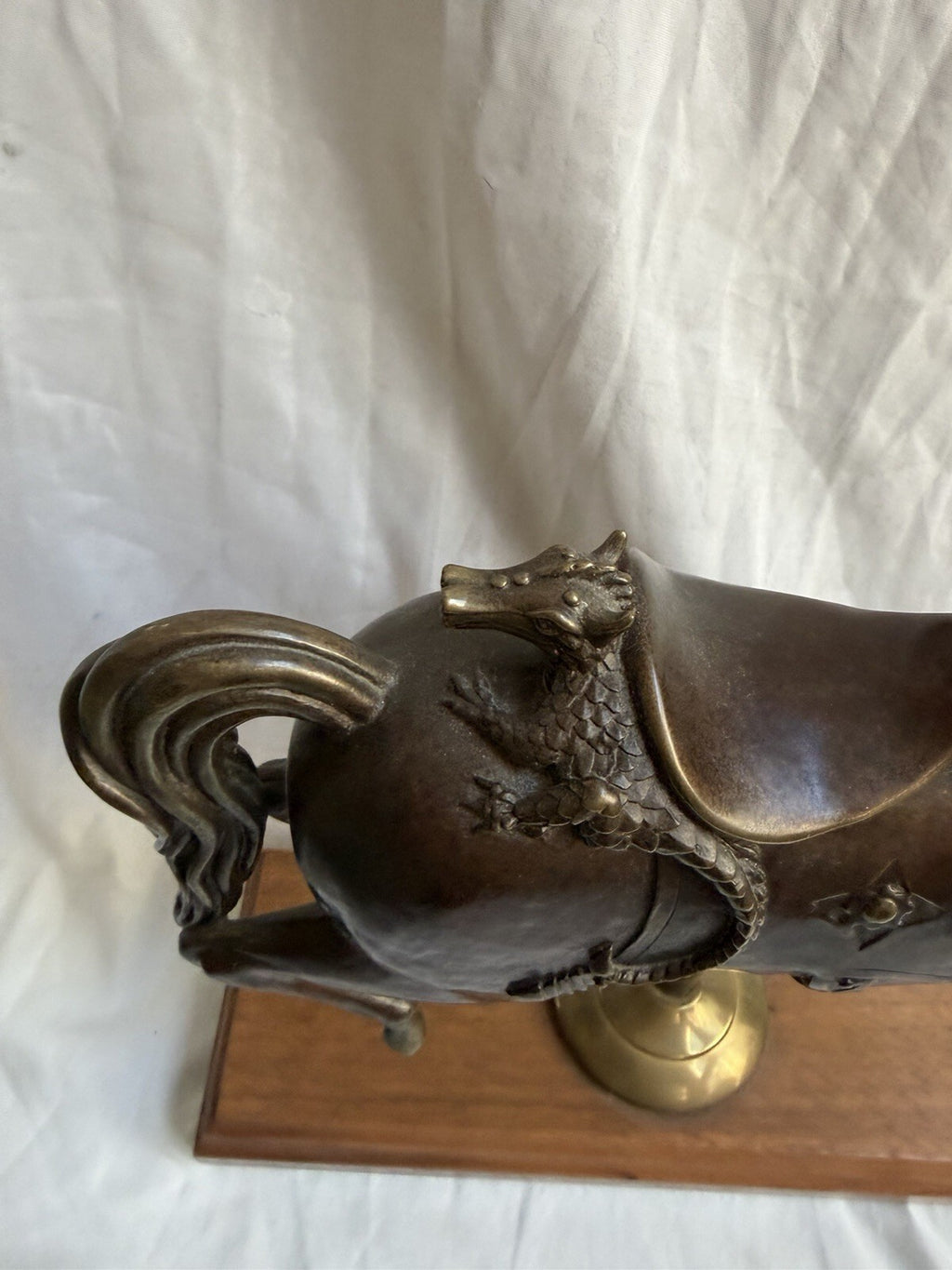 Vintage Bronze Carousel Horse Statue on Wood Base 12” Dragon Detail Brass Pole