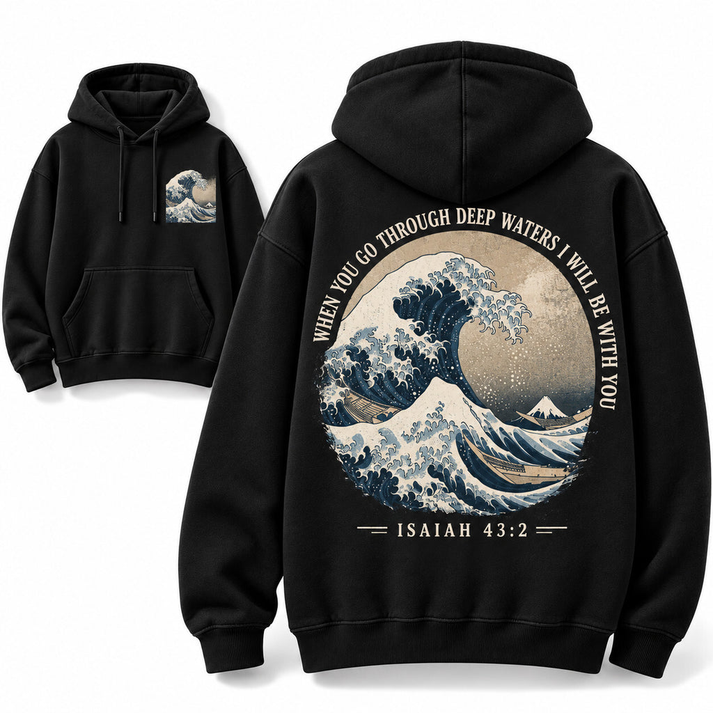 Isaiah 43:2 Great Wave Black Hoodie Christian Bible Verse Front Back Graphic