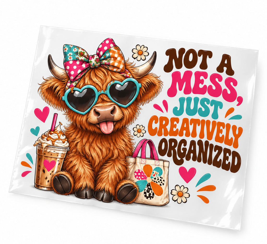 Not a Mess Creatively Organized Cow DTF Transfer 10 Inch Pack of 4