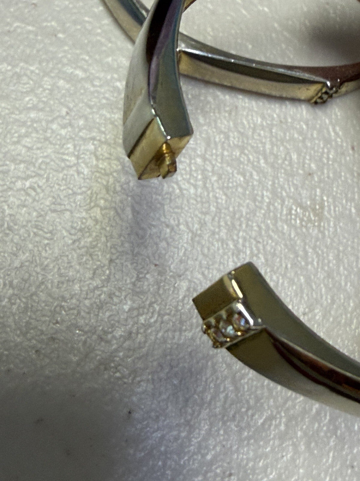 Pair Silver Tone Crystal Hinged Bangle Bracelets Geometric Stackable 2.5 Inch