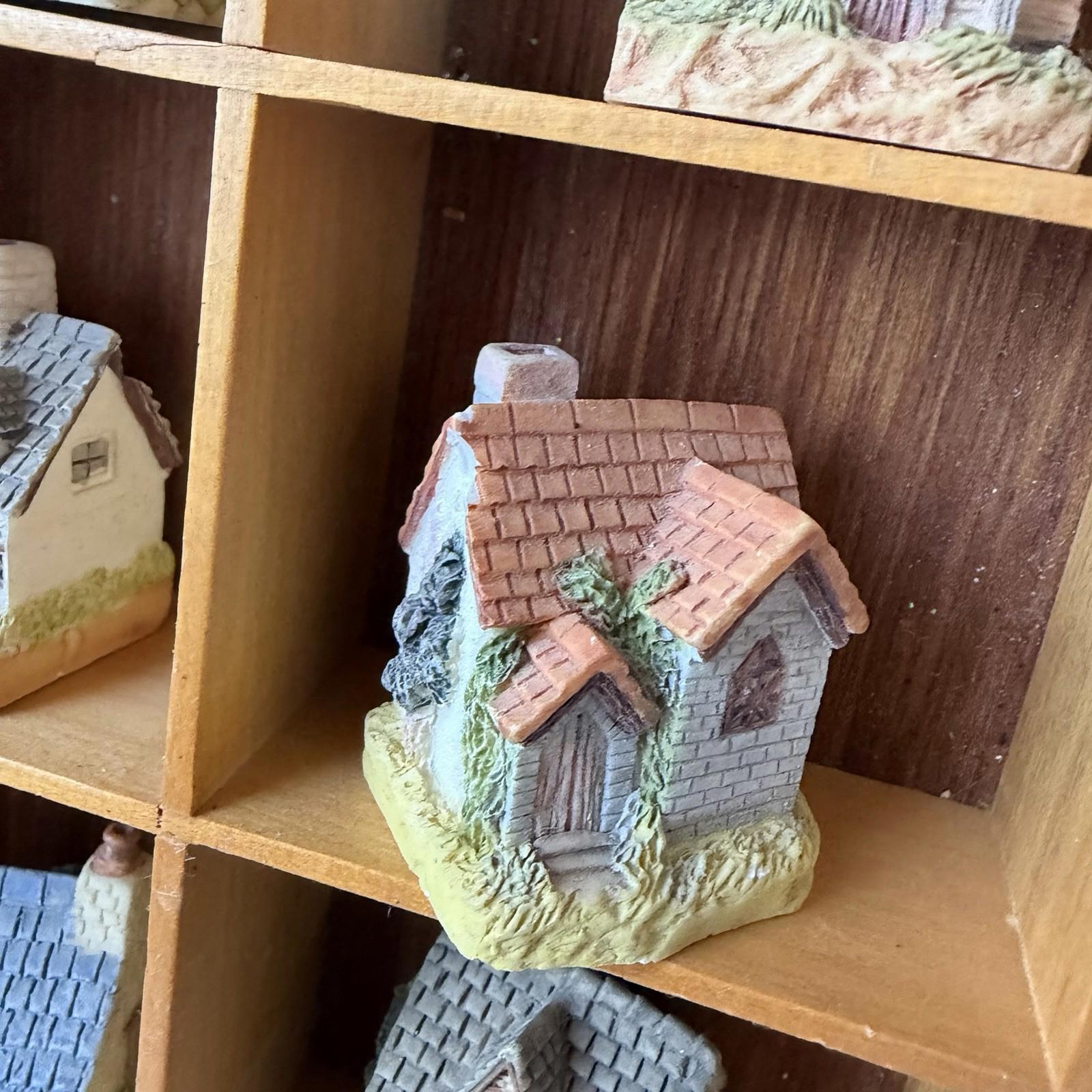 Vintage Miniature Cottage Houses Set w/ Wood Display Shelf 20 Pc