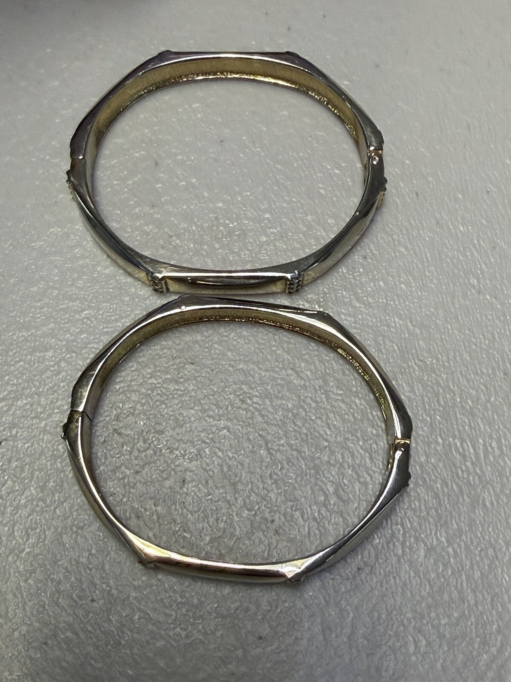 Pair Silver Tone Crystal Hinged Bangle Bracelets Geometric Stackable 2.5 Inch