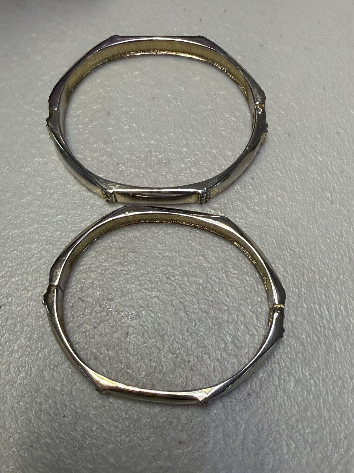 Pair Silver Tone Crystal Hinged Bangle Bracelets Geometric Stackable 2.5 Inch