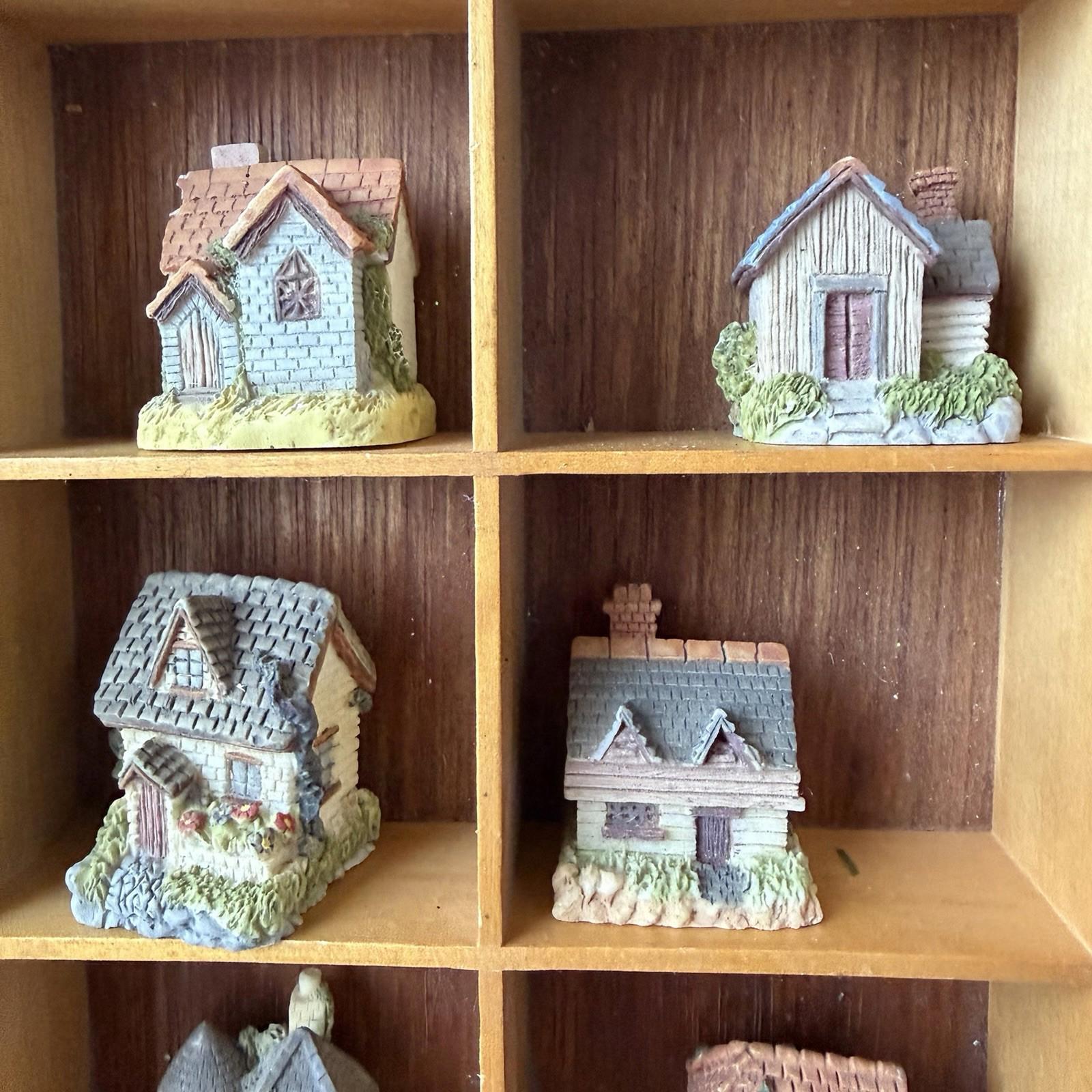 Vintage Miniature Cottage Houses Set w/ Wood Display Shelf 20 Pc