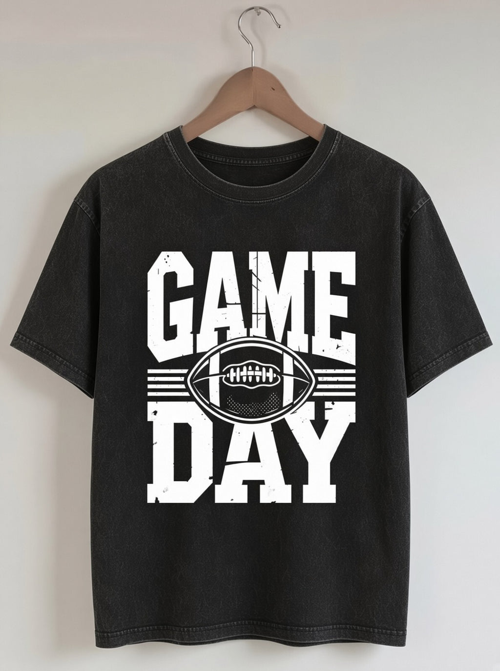 Game Day Football T-Shirt Acid Wash Black Short Sleeve Mens Womens Sports Tee