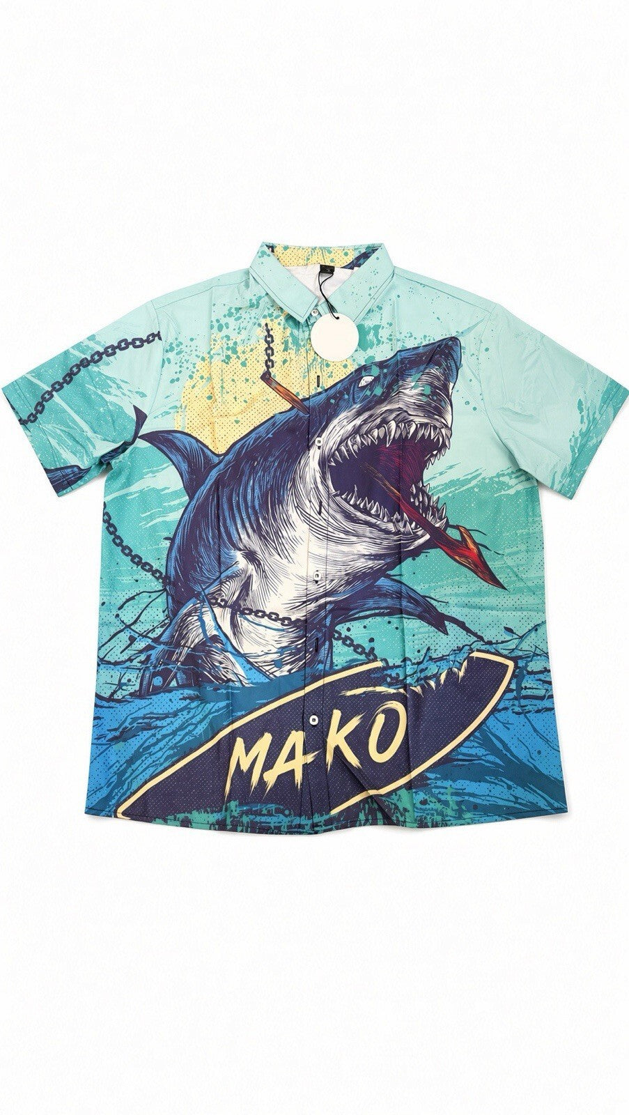 Summer Everest Mako Shark Graphic Button Up Shirt Men XL Short Sleeve Ocean