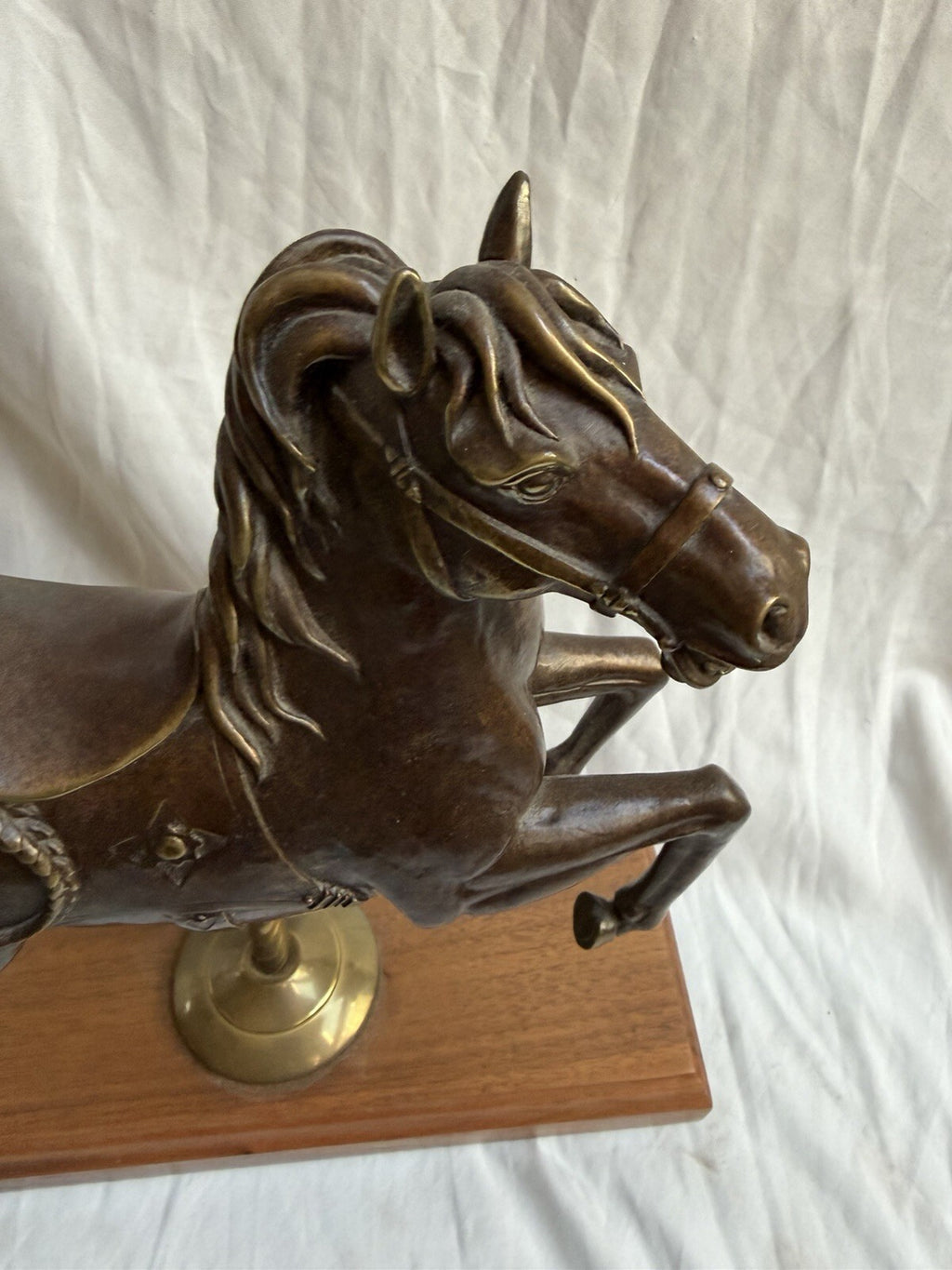 Vintage Bronze Carousel Horse Statue on Wood Base 12” Dragon Detail Brass Pole