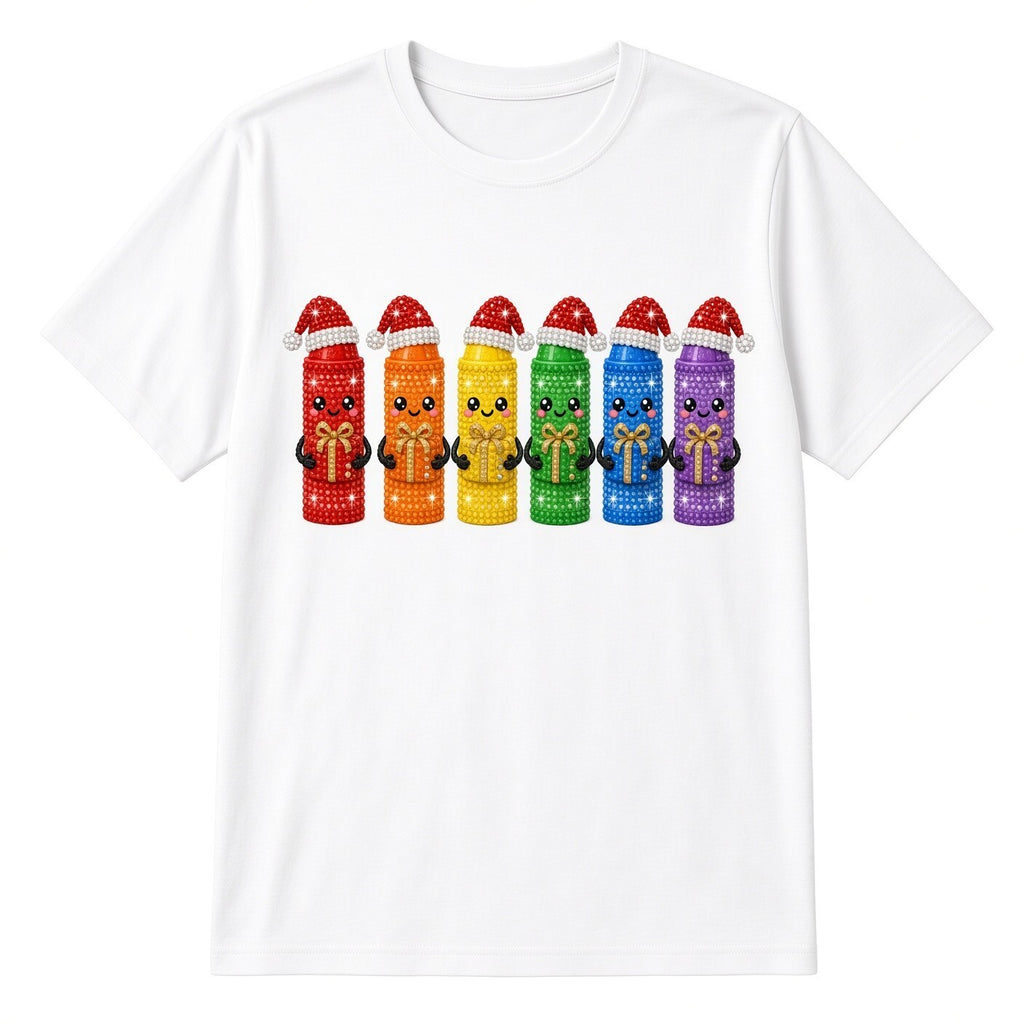 Santa Hat Crayon Characters Rainbow Christmas DTF Transfer 10" PK4