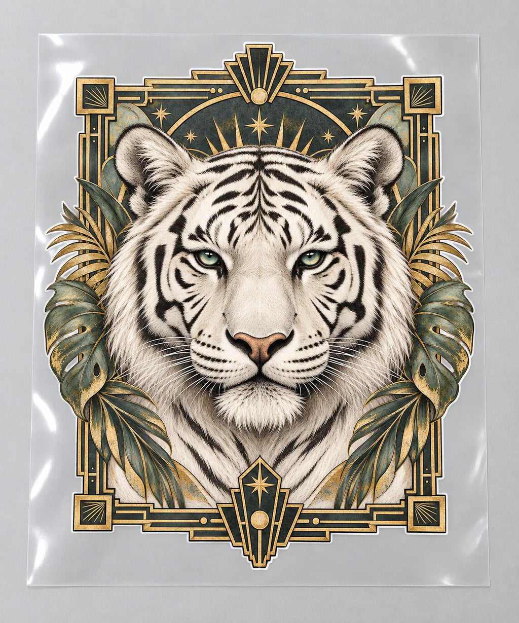 4 Pack White Tiger DTF Heat Transfers Vintage Art Deco Design 10 Inch
