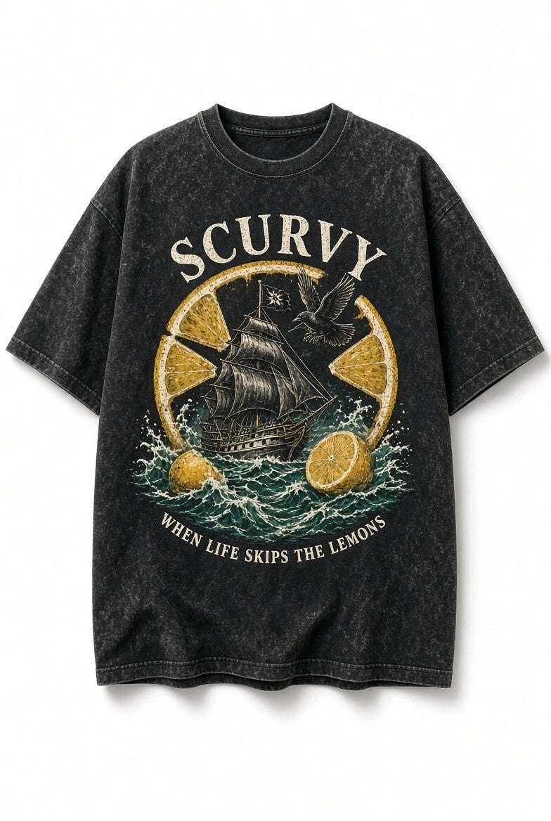 Acid Wash Black Tee Scurvy When Life Skips The Lemons Pirate Ship Funny Shirt