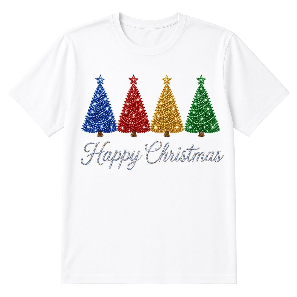 Happy Christmas Color Trees Blue Red Gold Green DTF Transfer 10" PK4