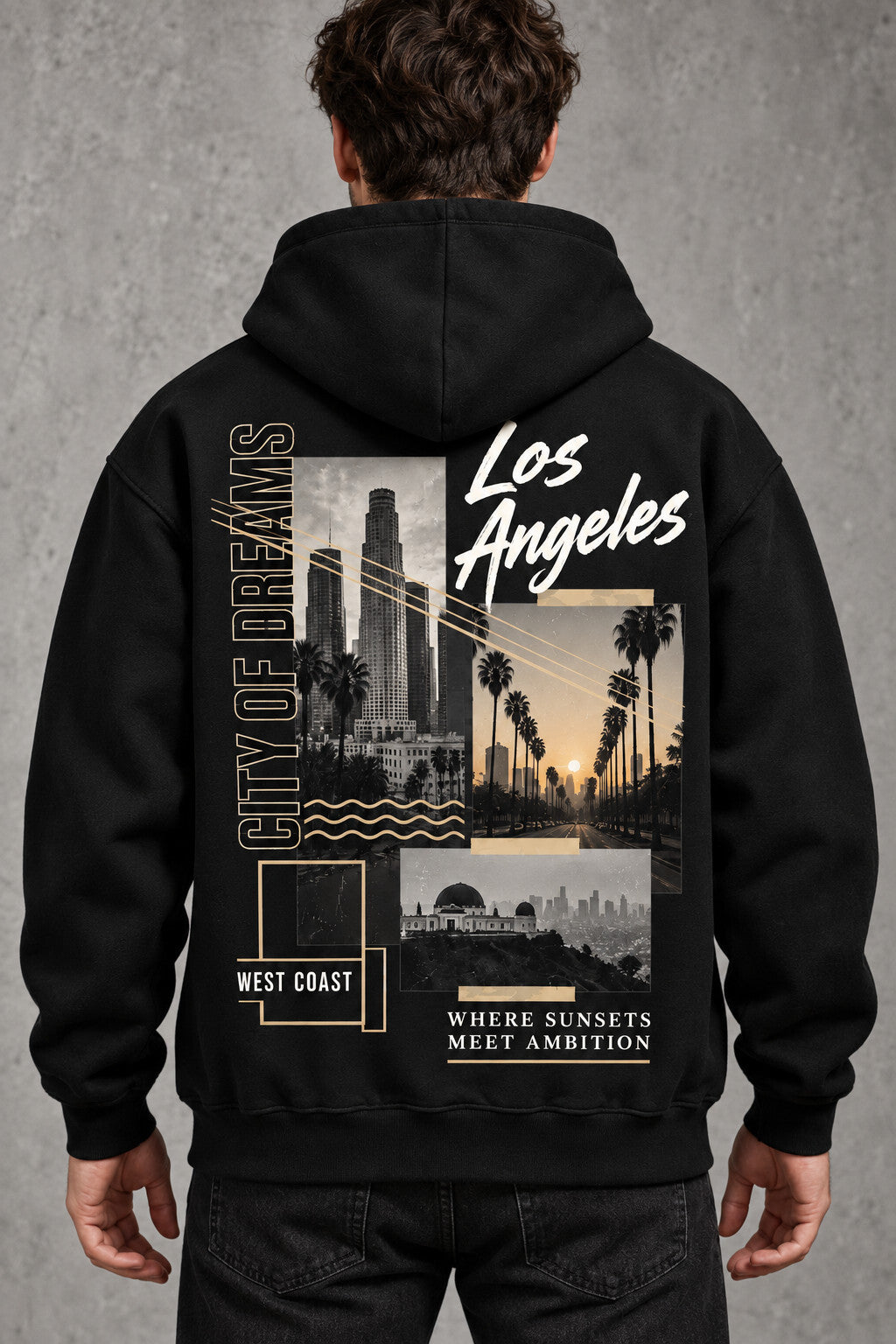 Los Angeles Black Hoodie Men’s Urban City Collage West Coast Graphic Pullover