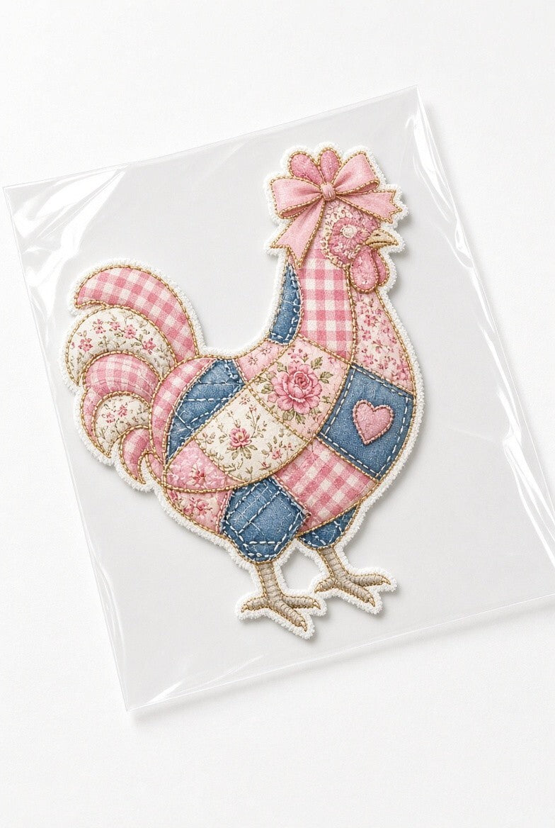 PK4 Coquette Patchwork Rooster DTF Transfer 10in Farm Floral Gingham Heat Press