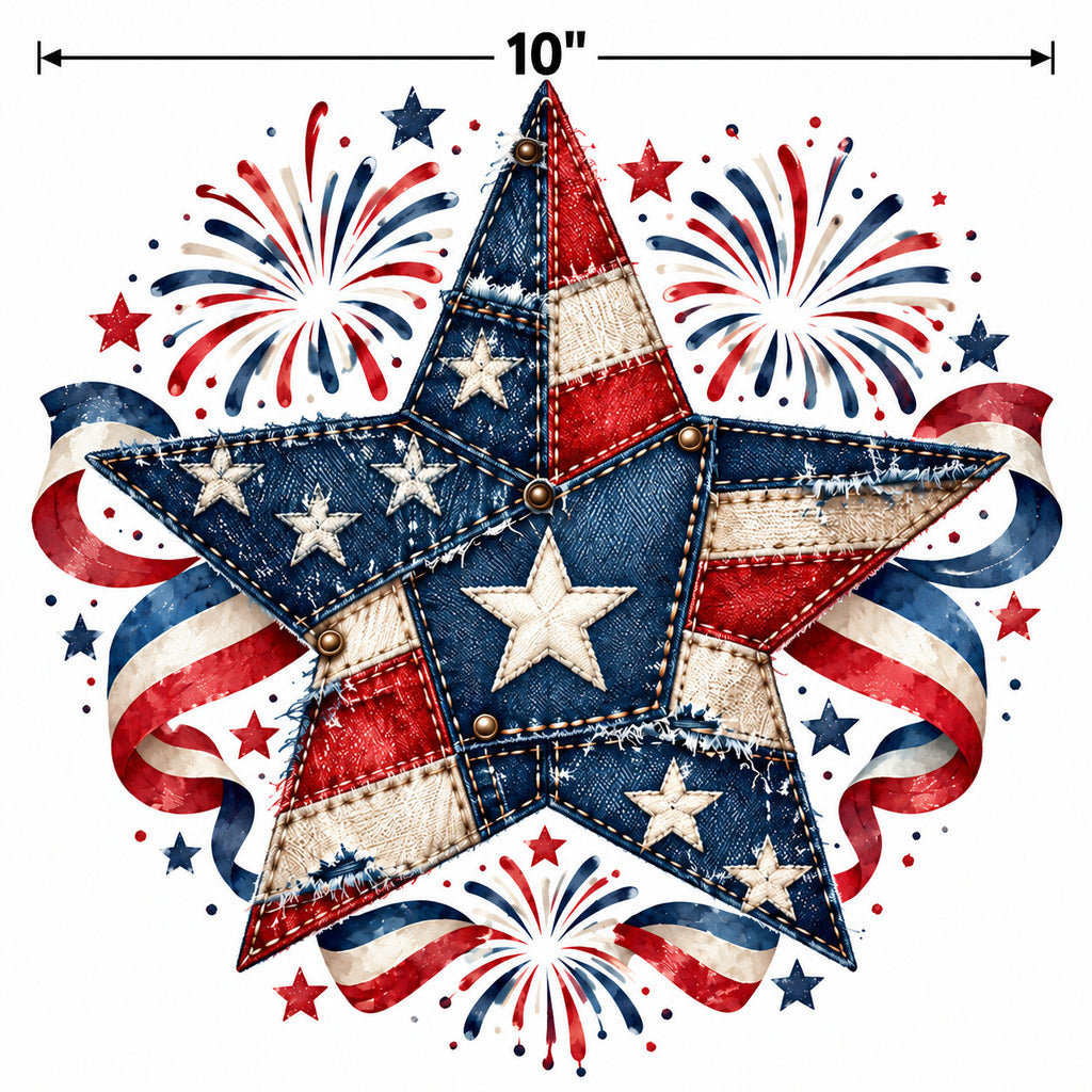 4pcs 10" Patriotic Denim Star DTF PNG Fireworks Flag Iron On Transfer