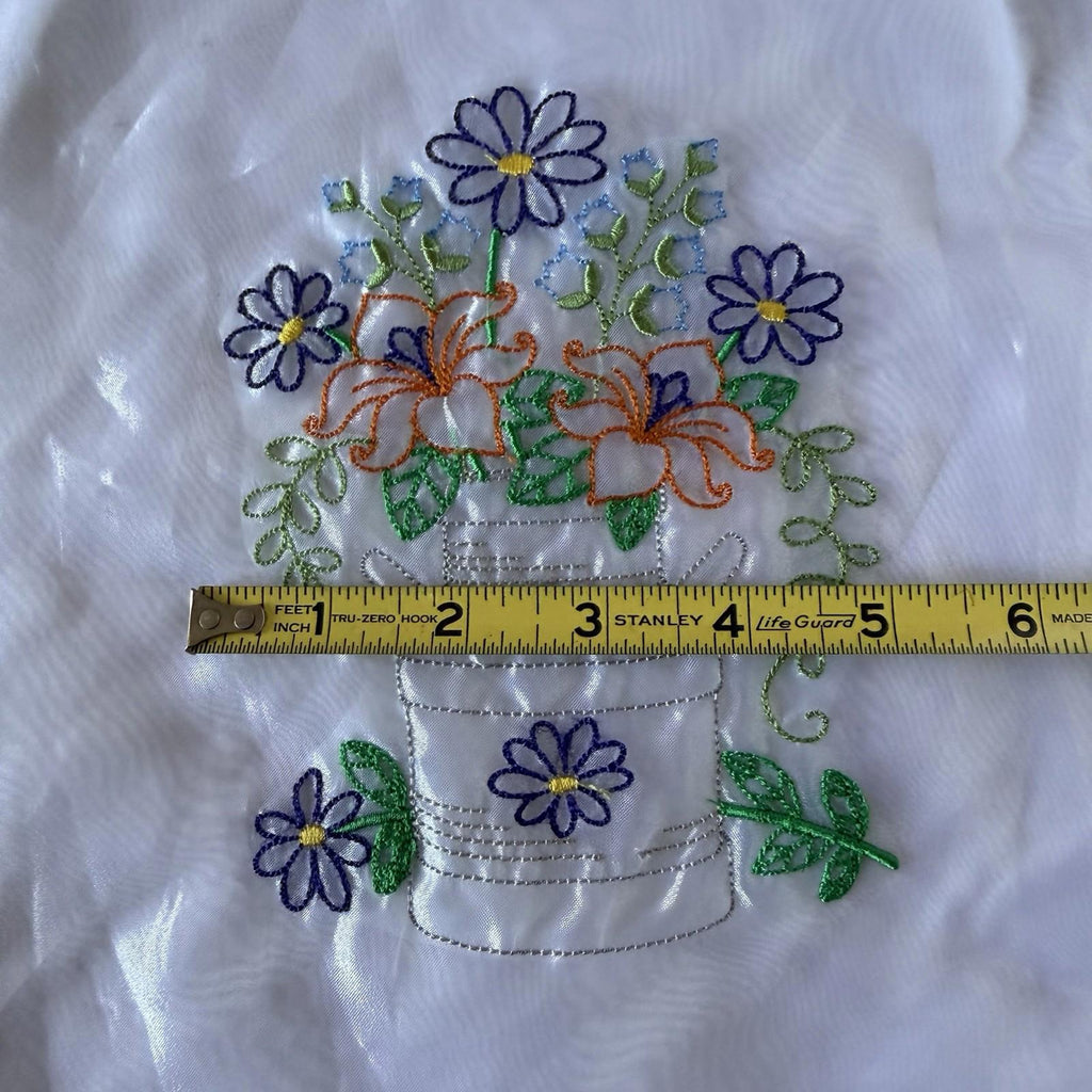 Vintage Embroidered Sheer Panel Patch - Floral Milk Can Bouquet Daisies Lilies