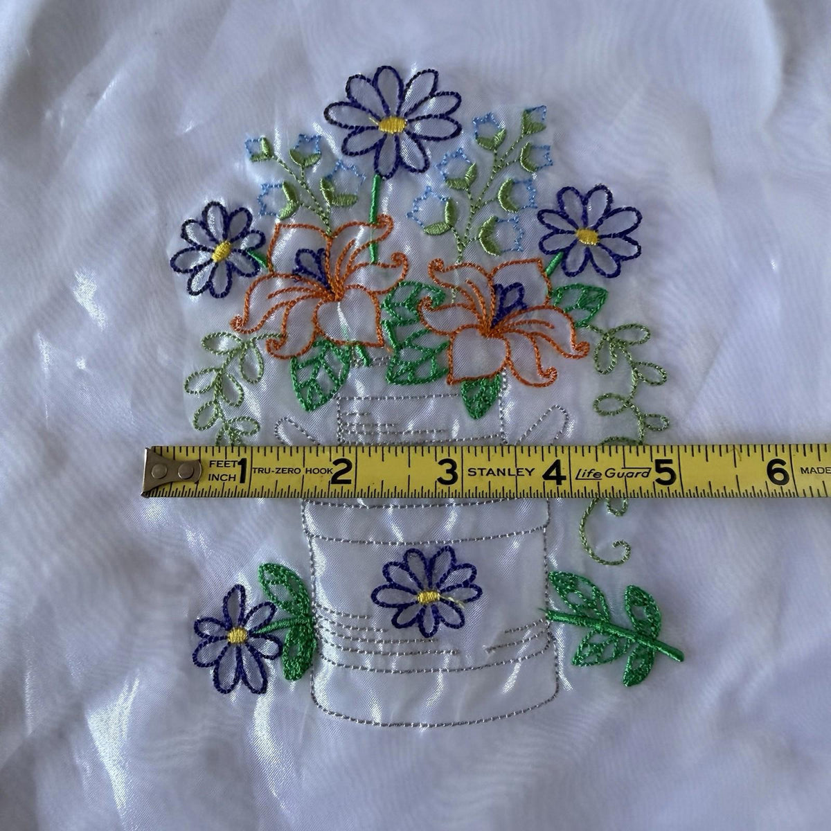 Vintage Embroidered Sheer Panel Patch - Floral Milk Can Bouquet Daisies Lilies